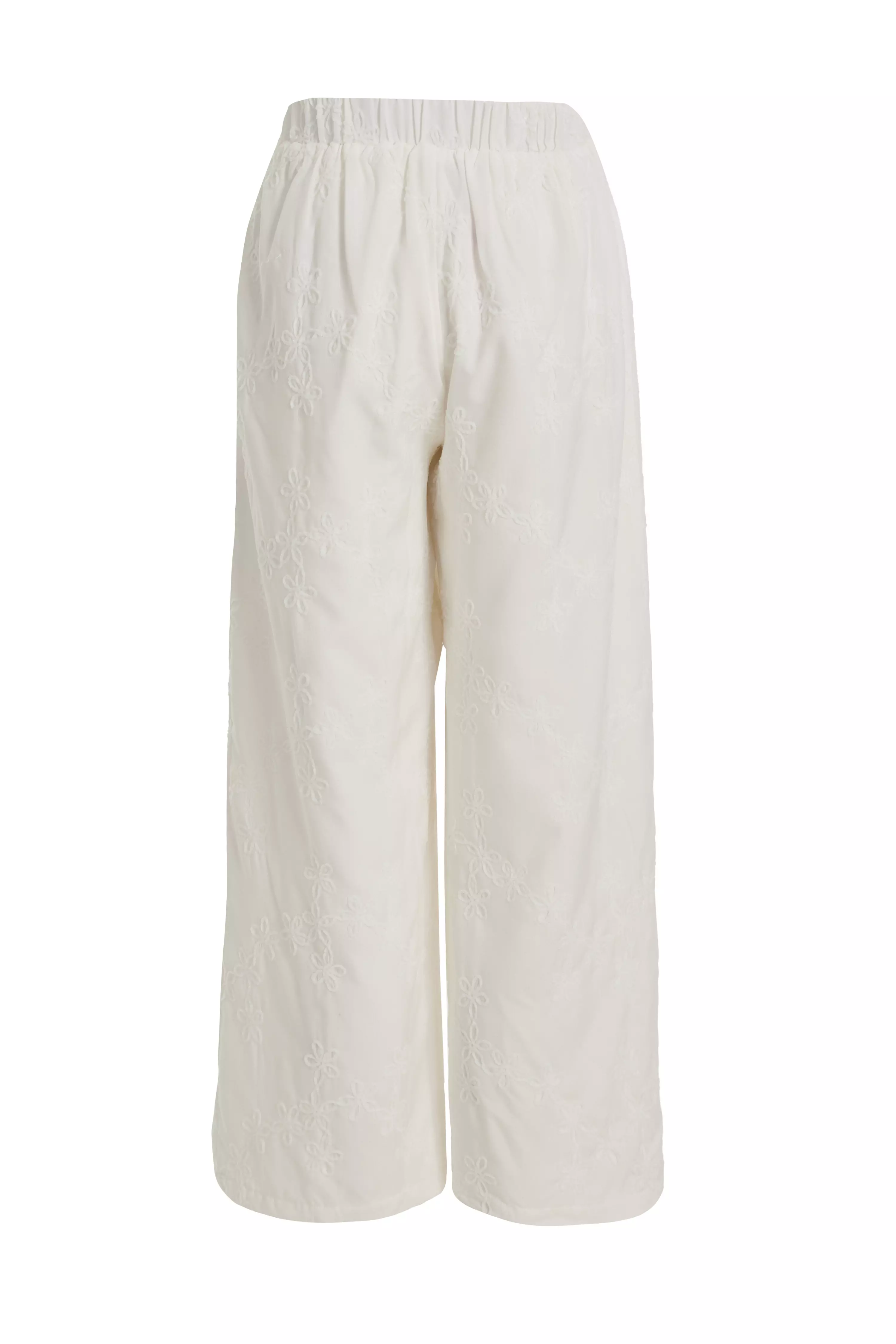 Petite White Embroidered Trousers