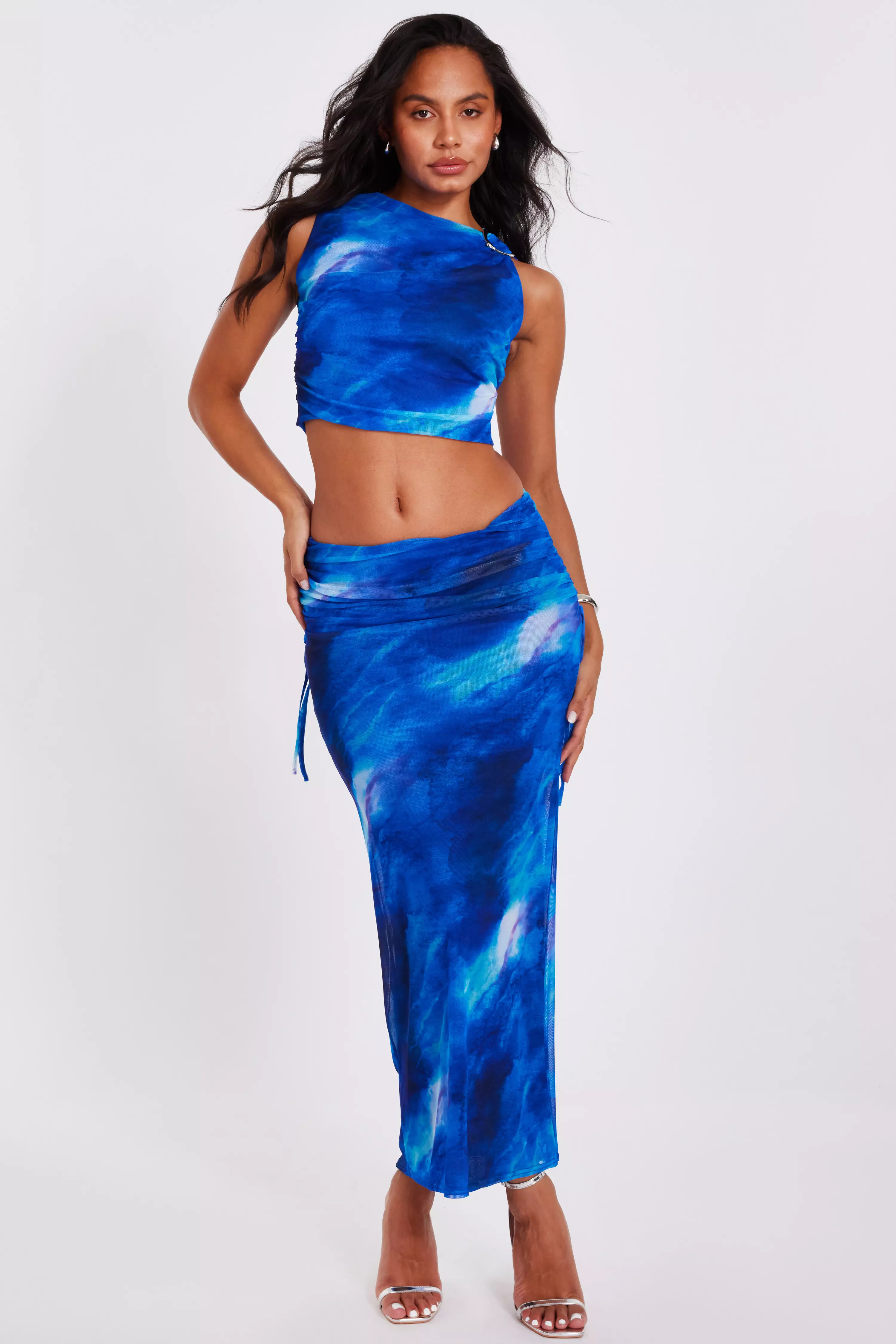 Blue Mesh Marble Midaxi Skirt