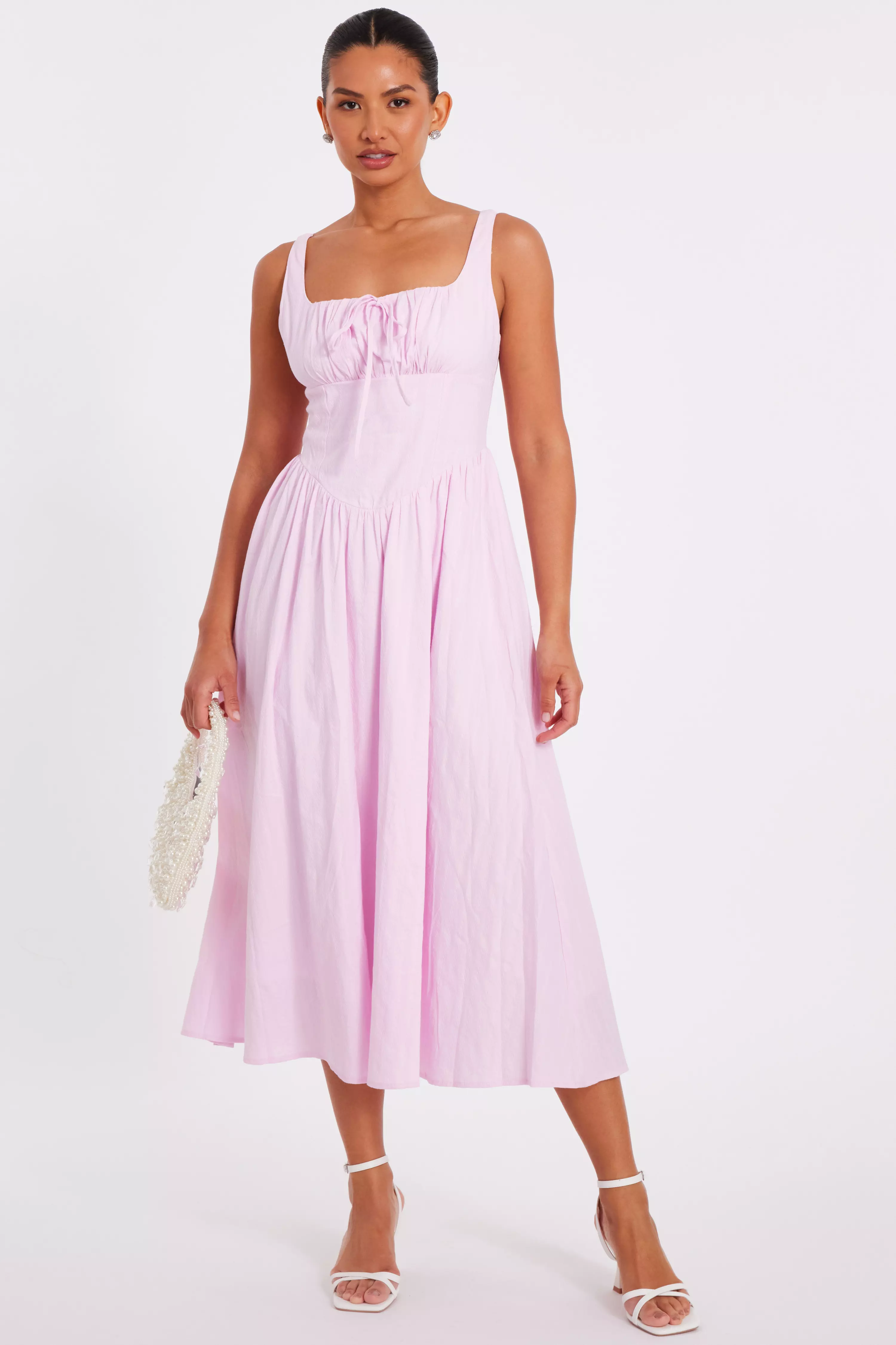 Pink Woven Textured Midaxi Dress