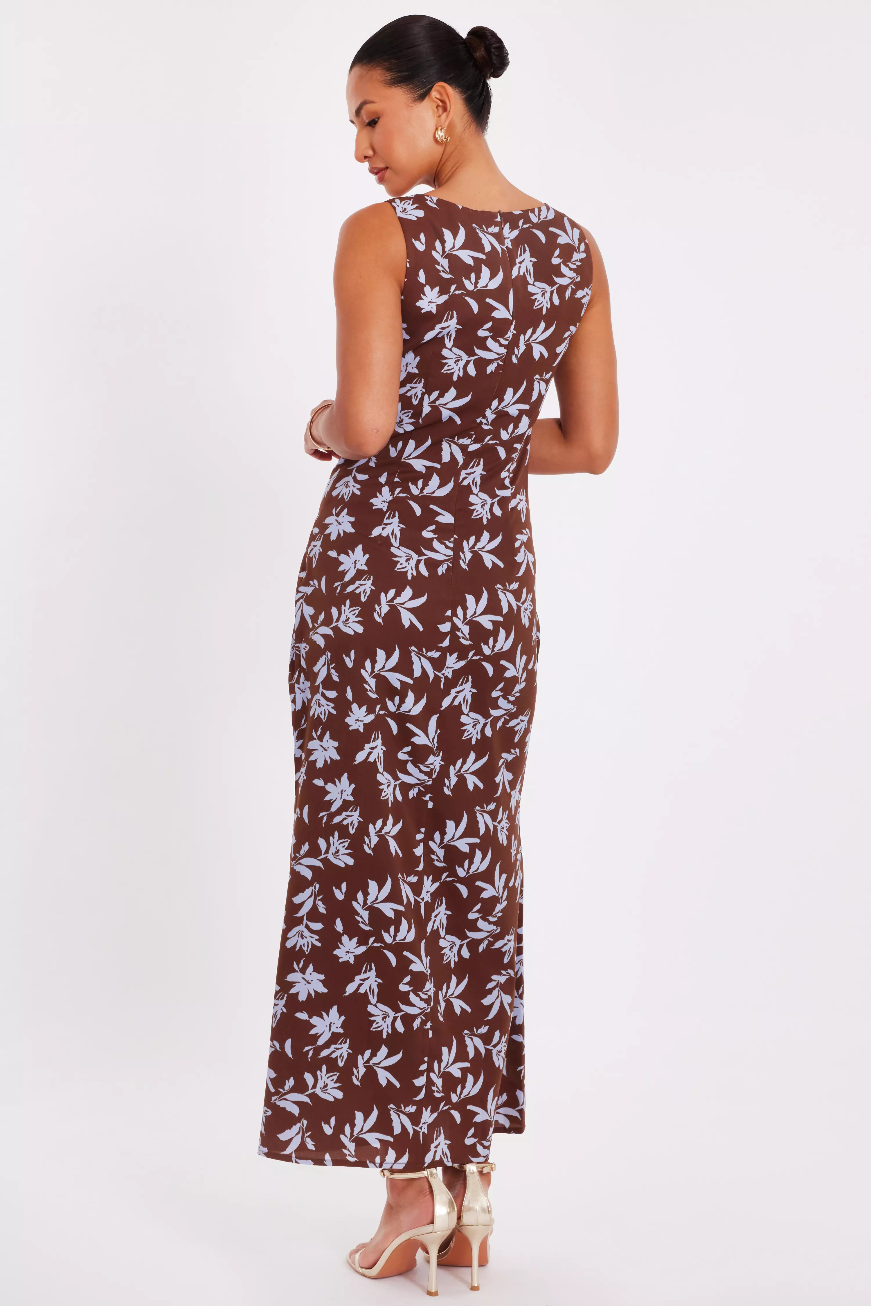 Brown Woven Floral Midaxi Dress