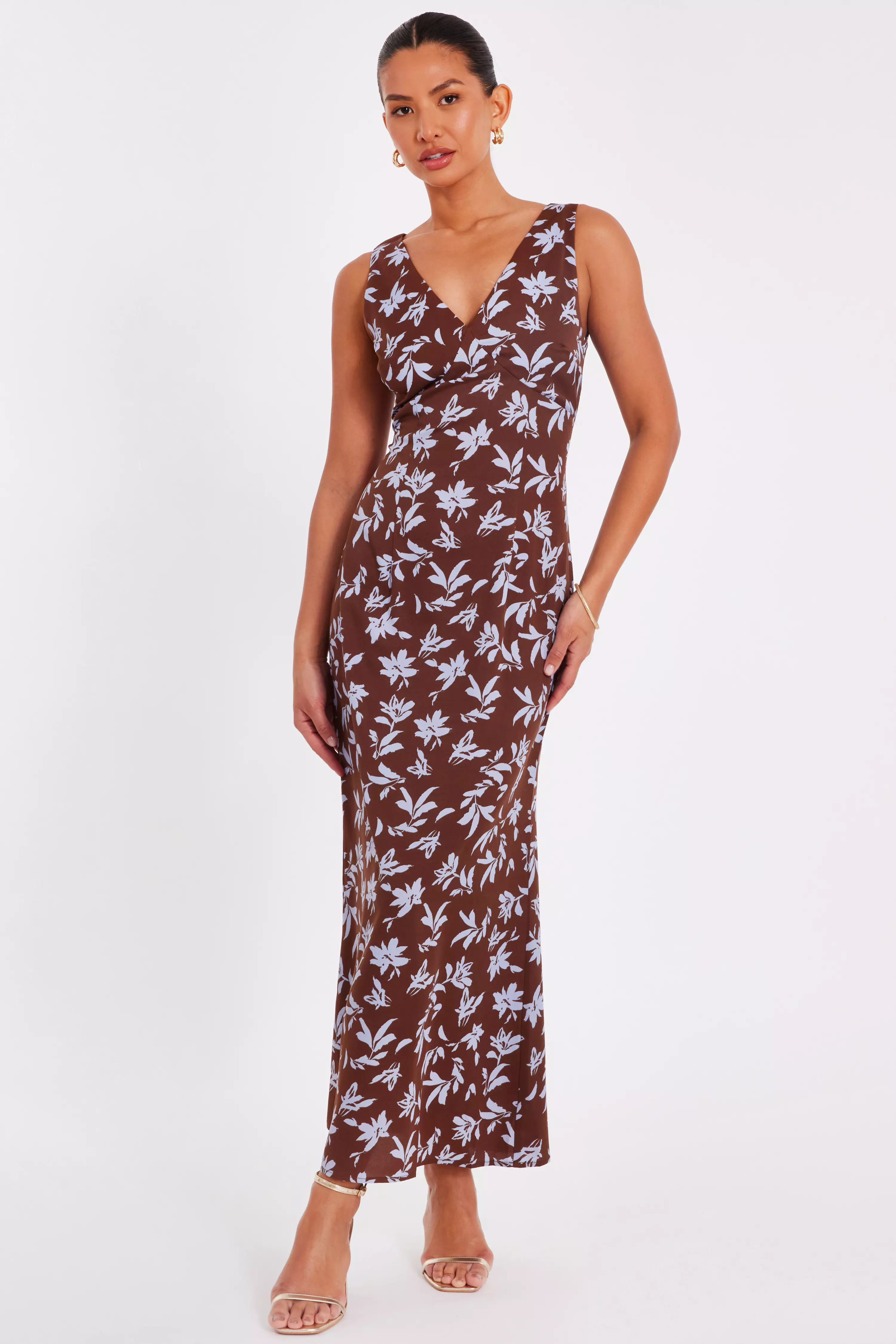 Brown Woven Floral Midaxi Dress