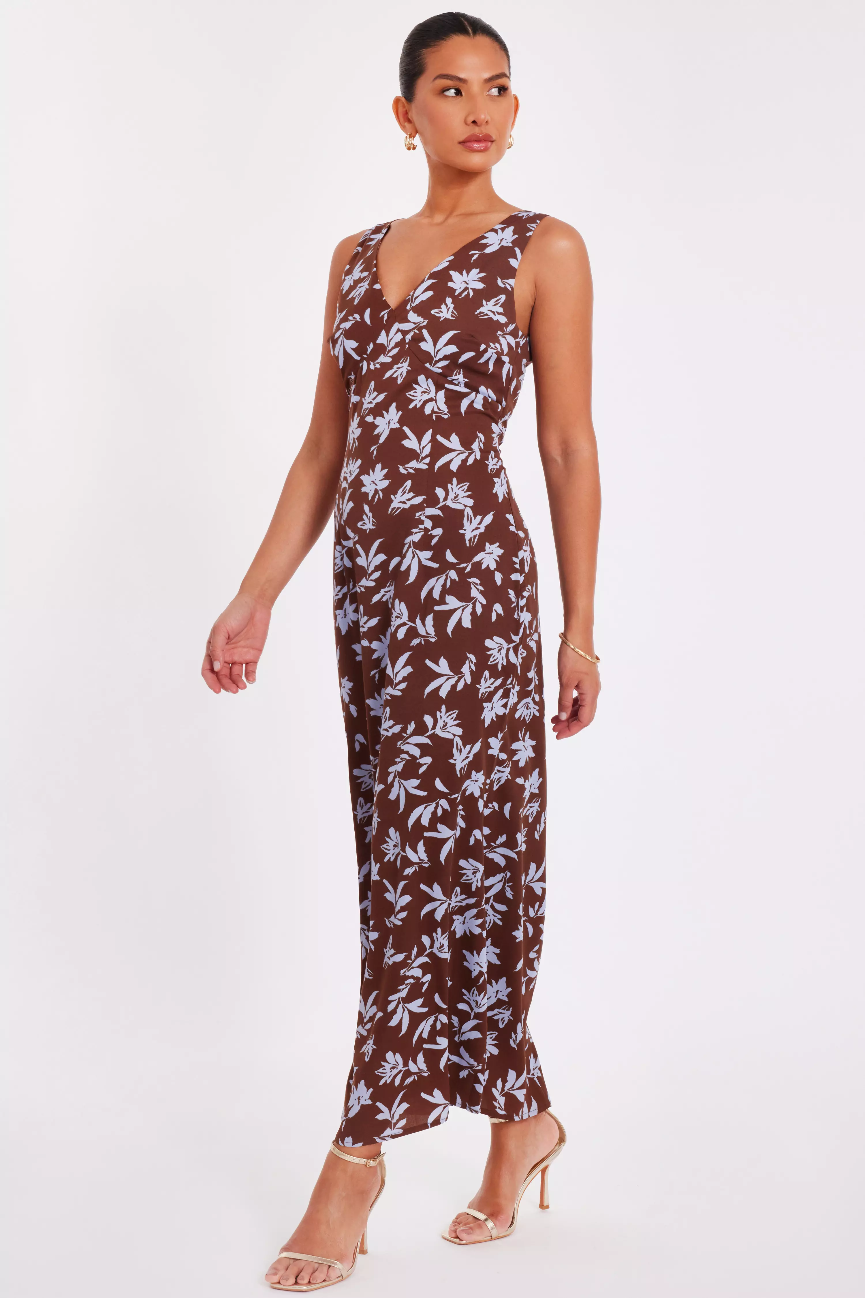 Brown Woven Floral Midaxi Dress