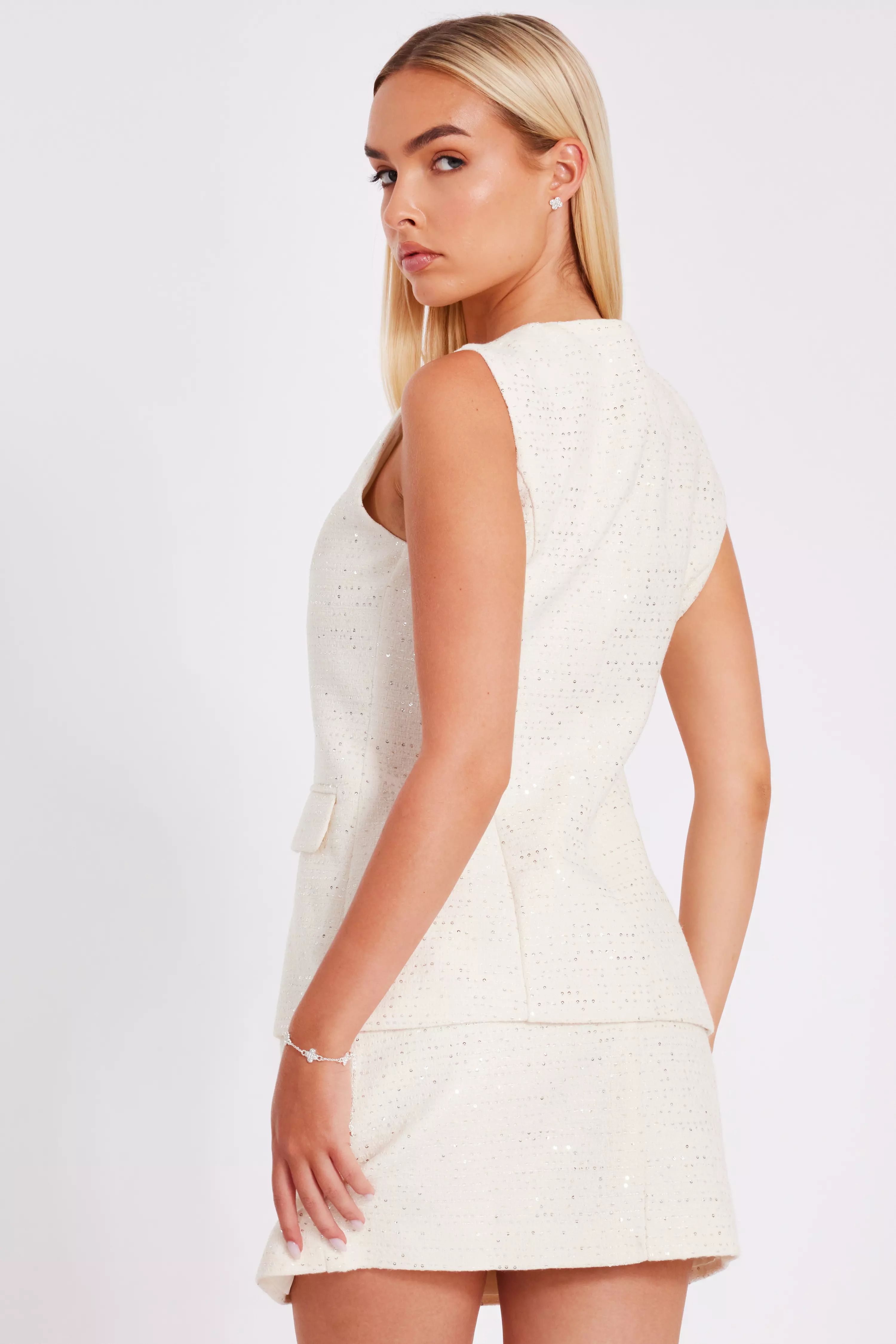 Cream Boucle Sequin Mini Skirt