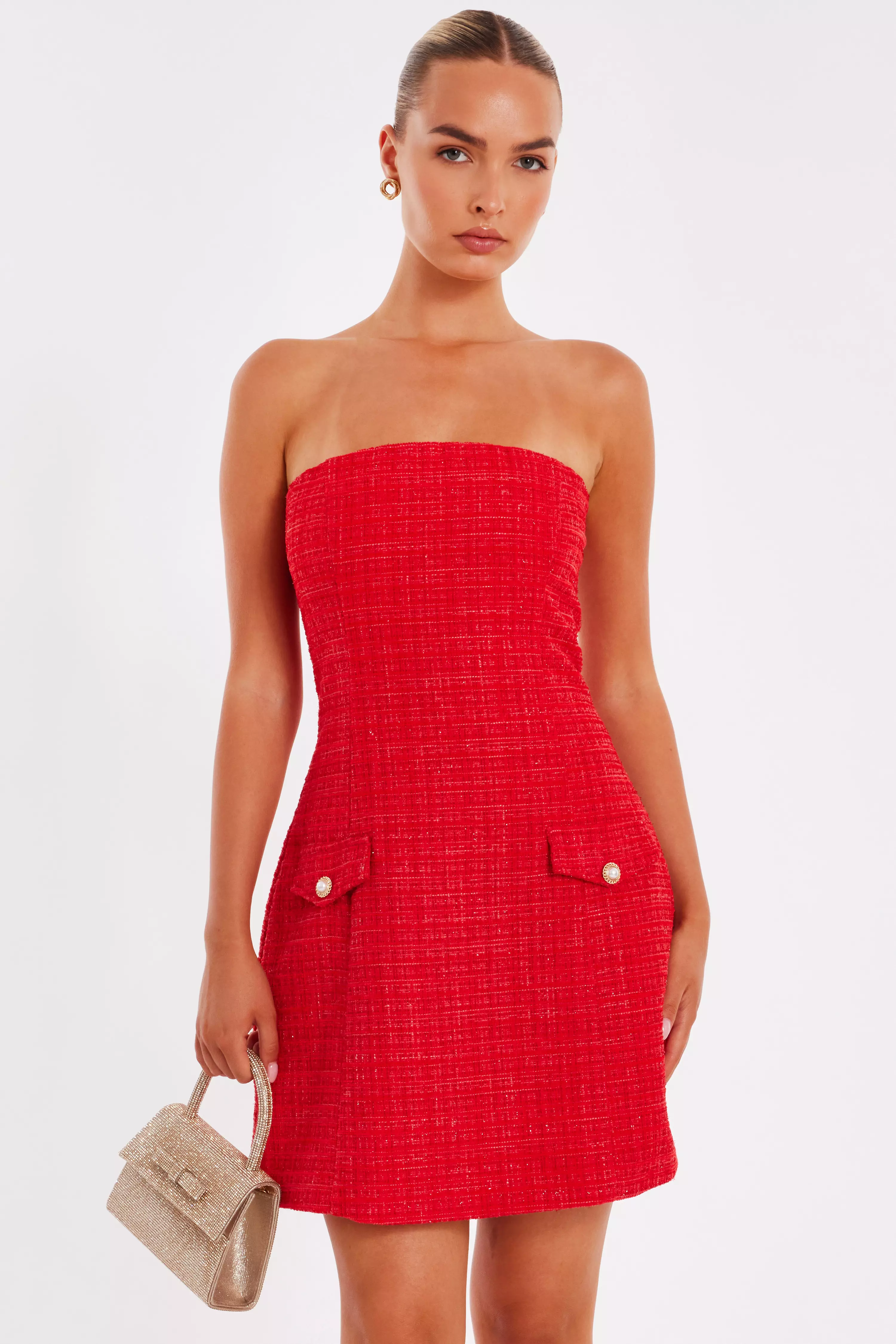 Red Boucle Bandeau Mini Dress