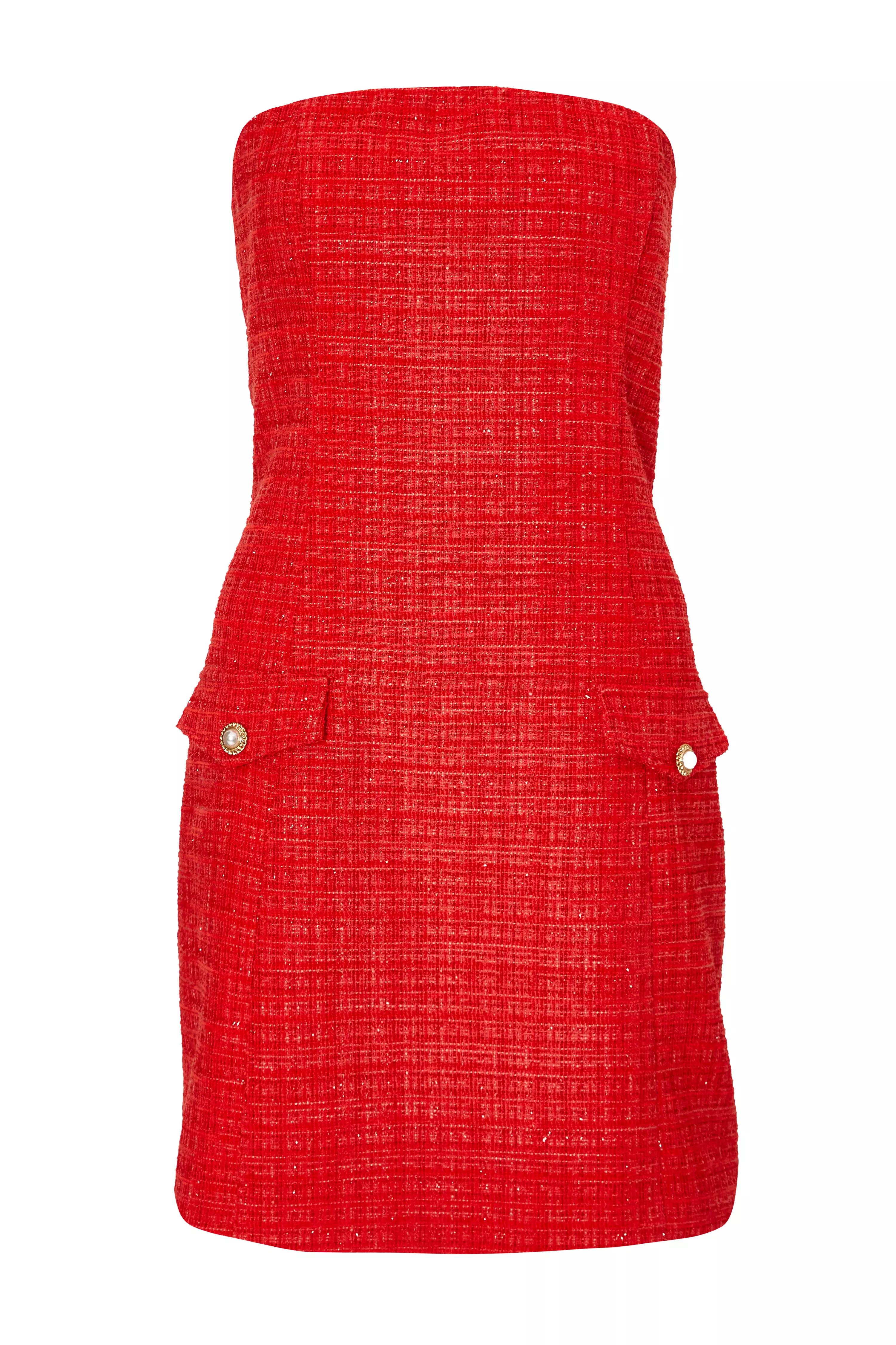 Red Boucle Bandeau Mini Dress