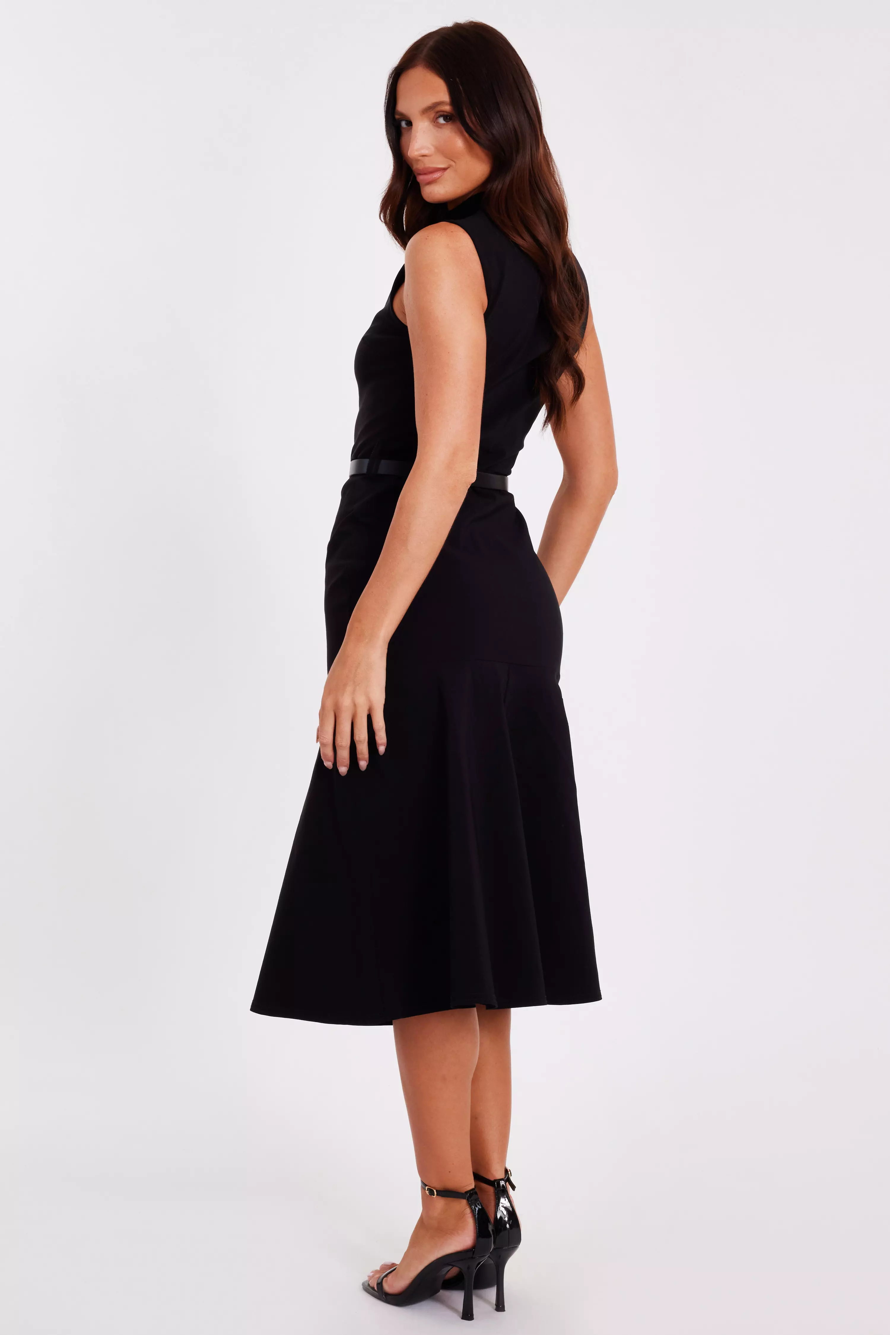 Black Corsage Belt Midi Dress