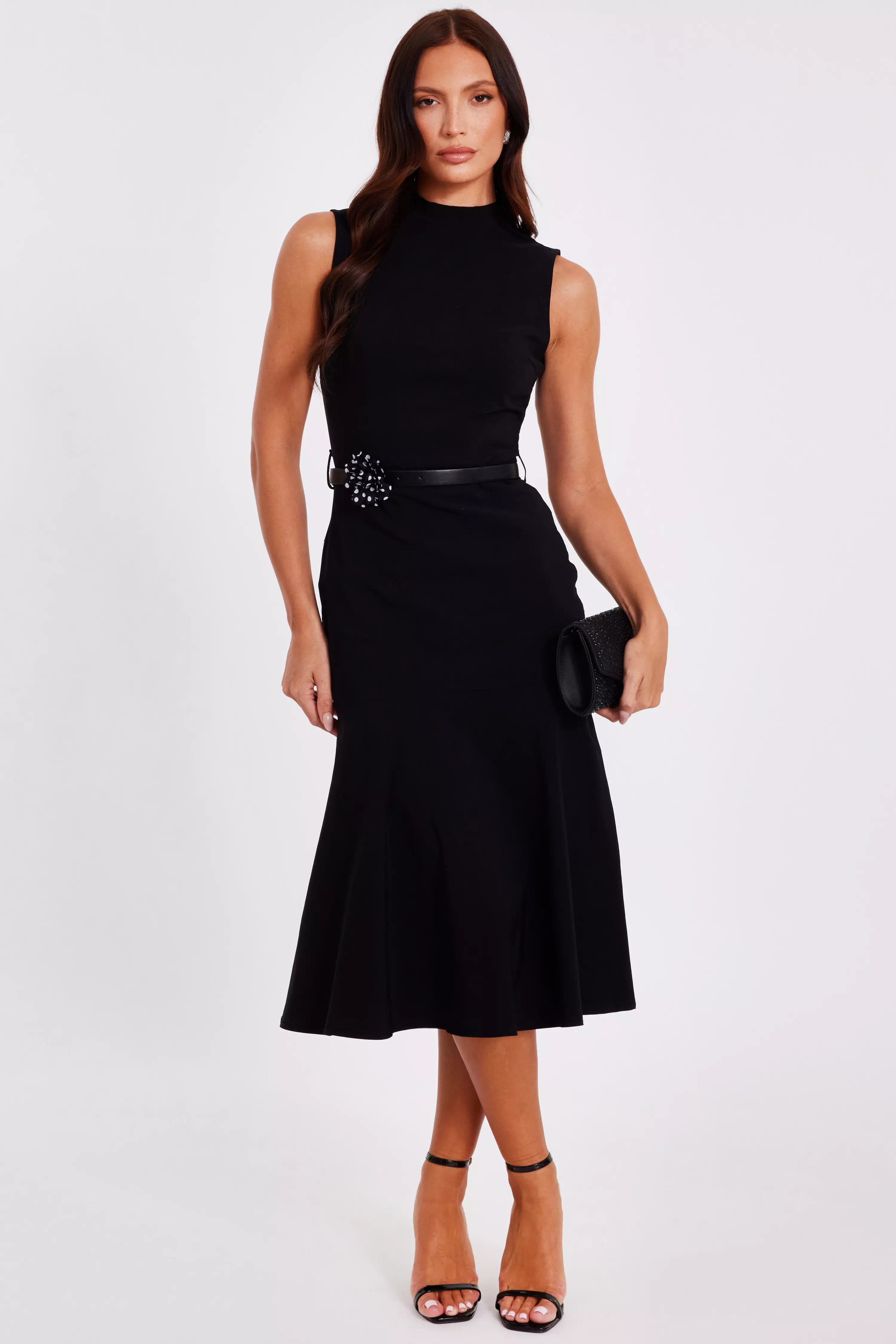 Black Corsage Belt Midi Dress