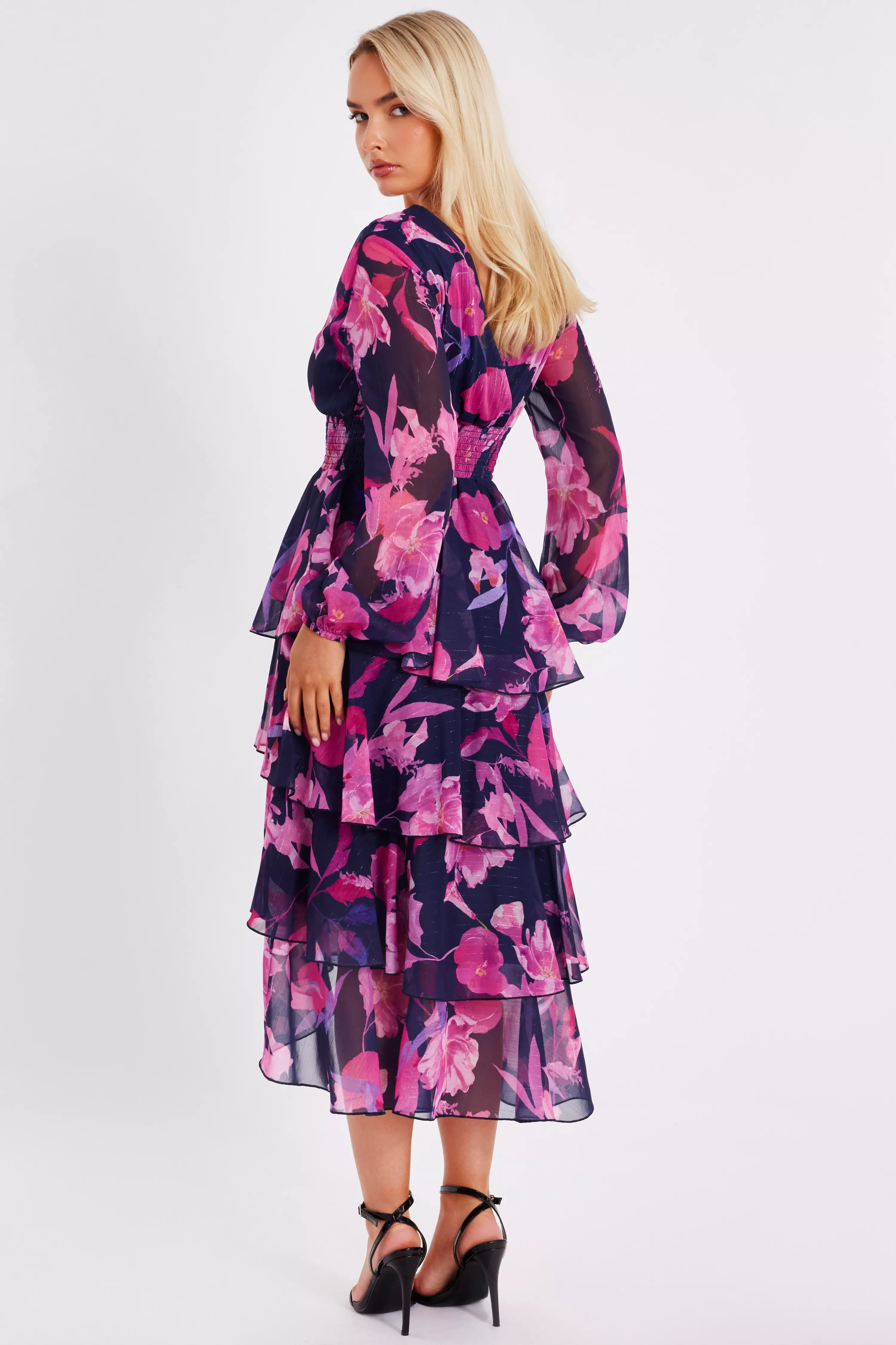 Navy Floral Dip Hem Midaxi Dress