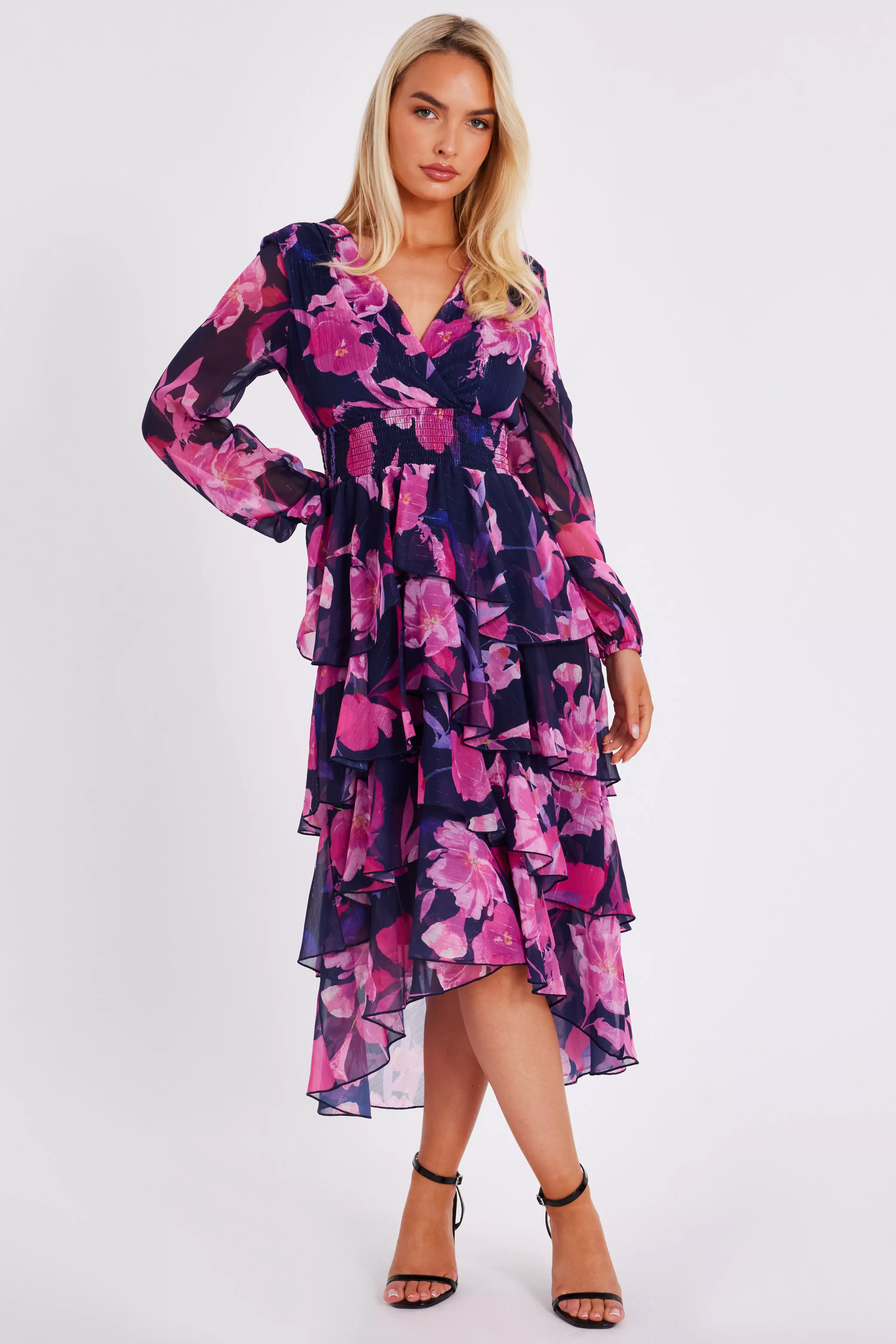Navy Floral Dip Hem Midaxi Dress