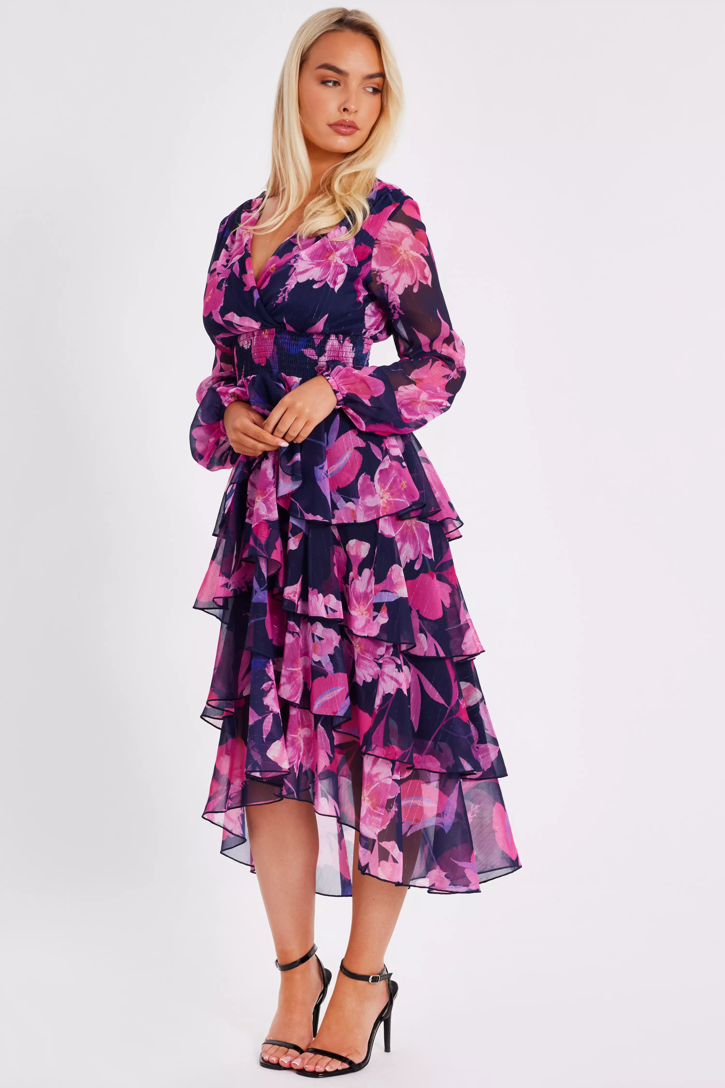 Navy Floral Dip Hem Midaxi Dress