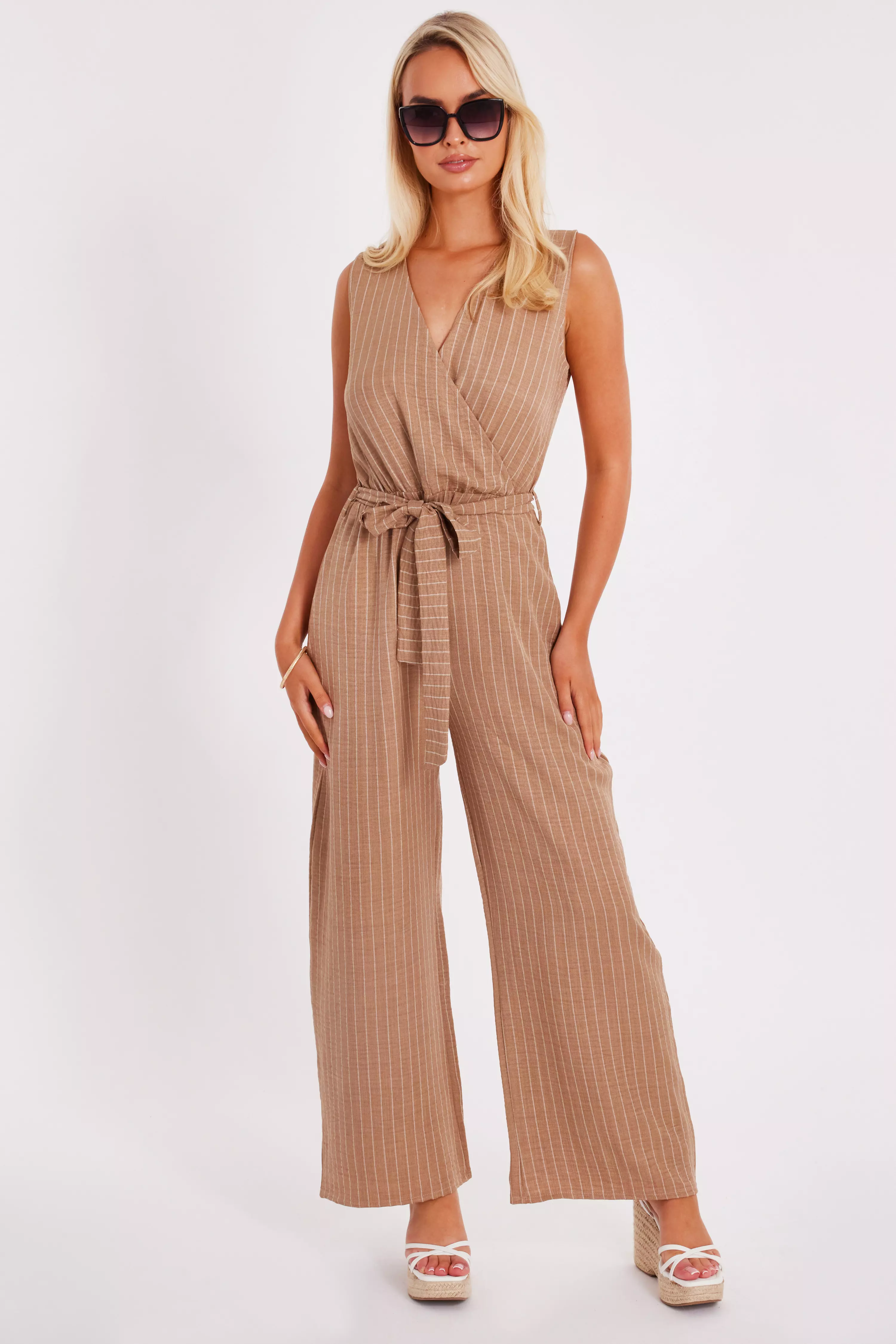 Stone Linen Striped Jumpsuit