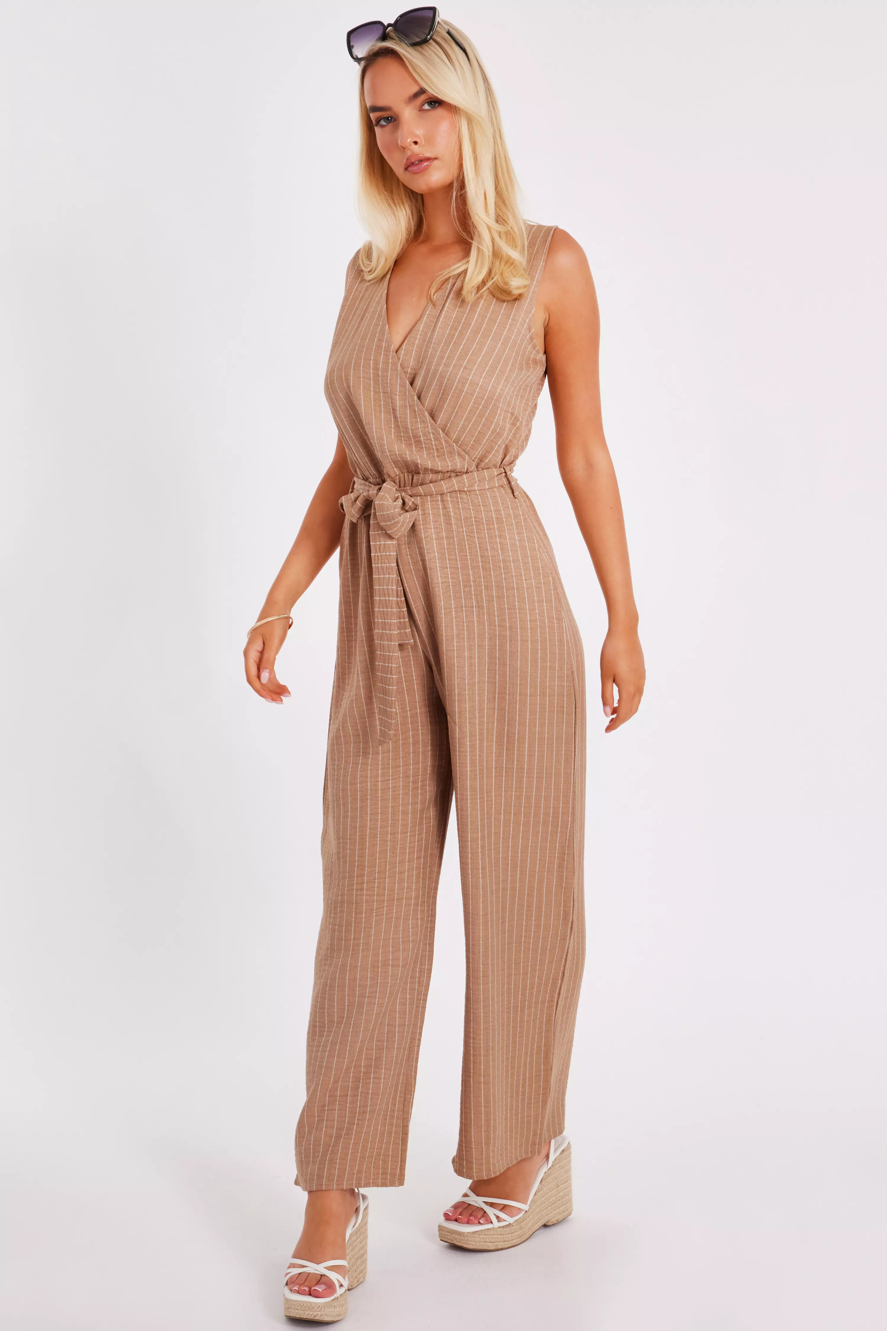 Stone Linen Striped Jumpsuit
