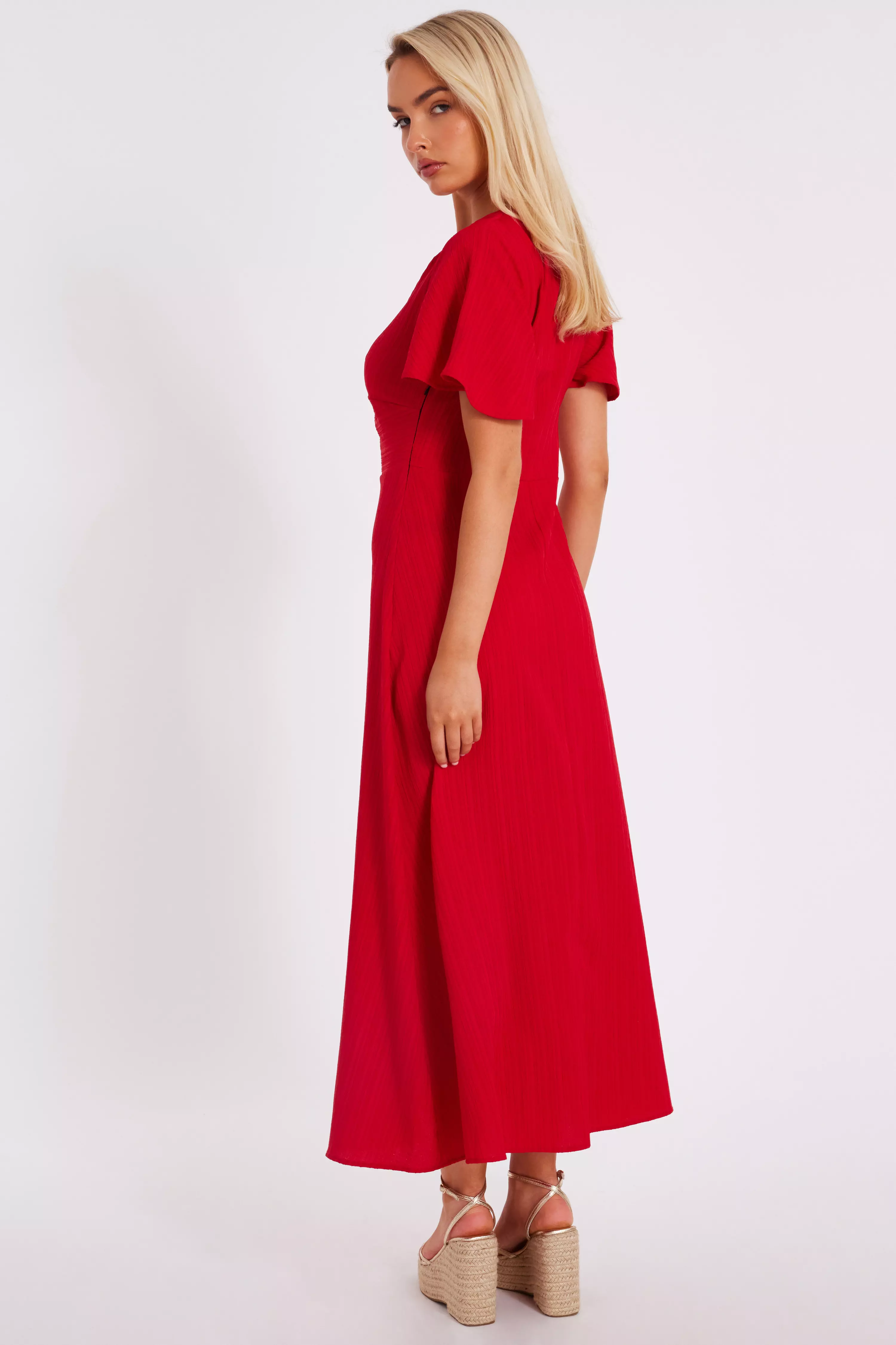 Red Textured Knot Midi Dress