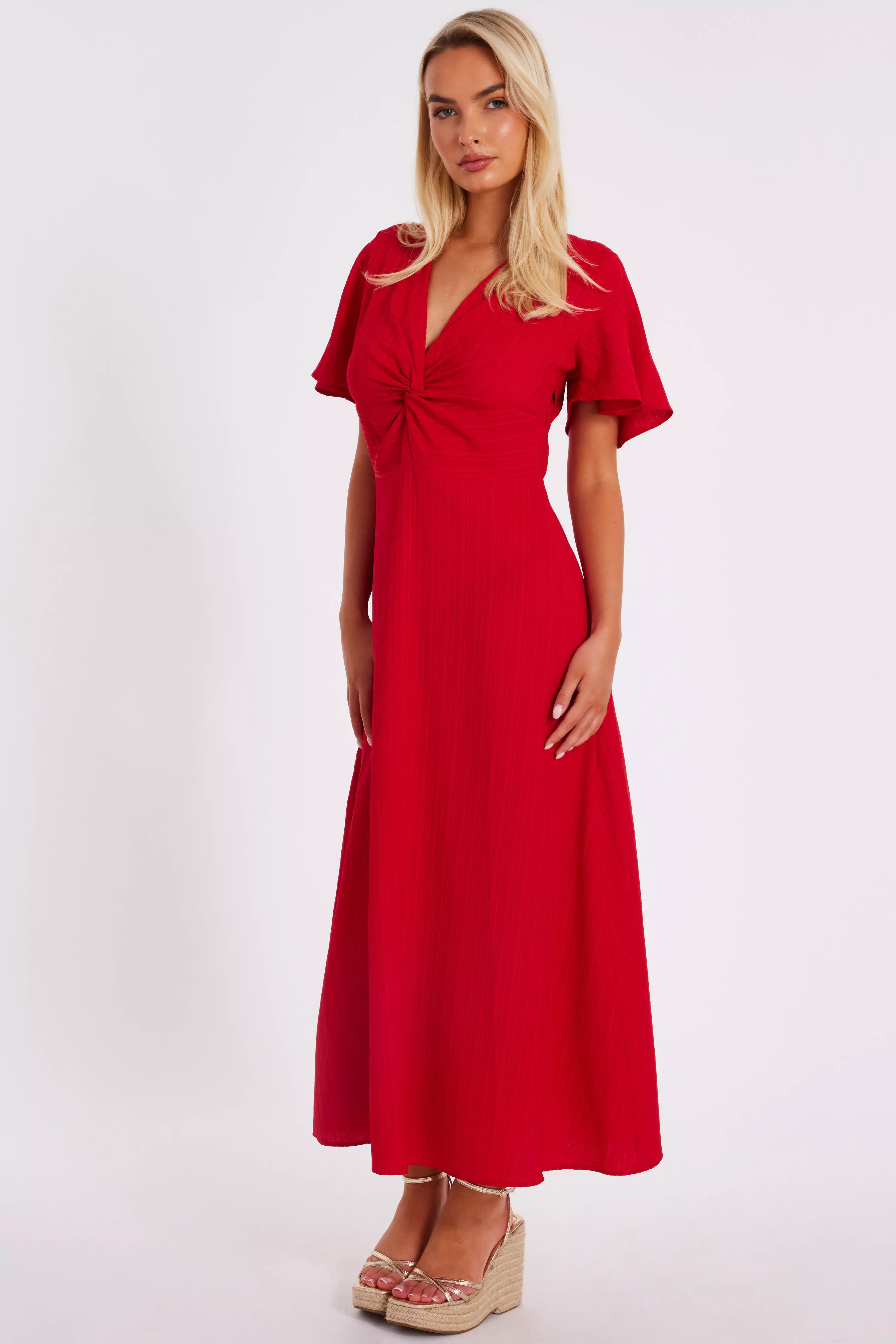 Red Textured Knot Midi Dress
