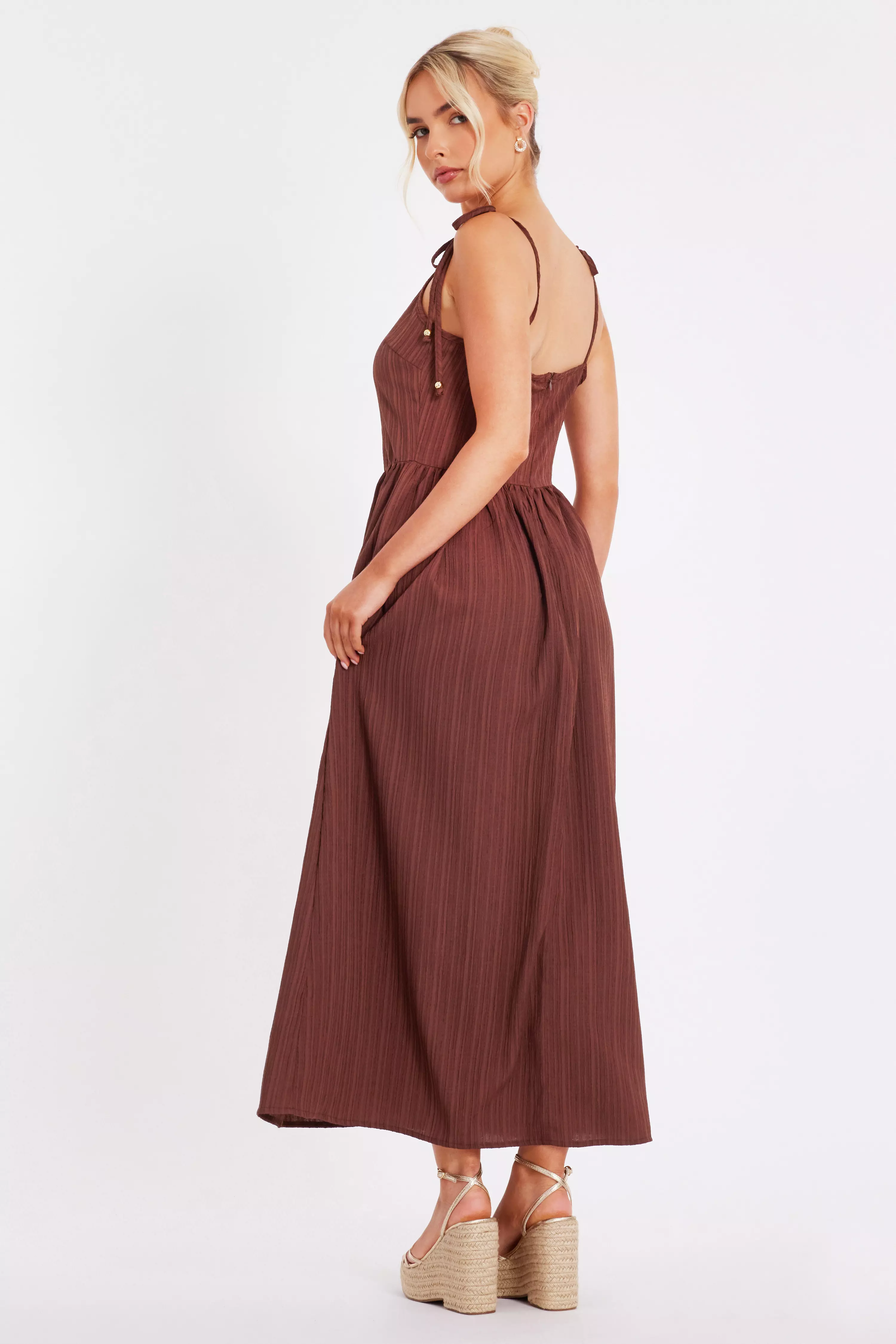 Brown Textured Midi Dress