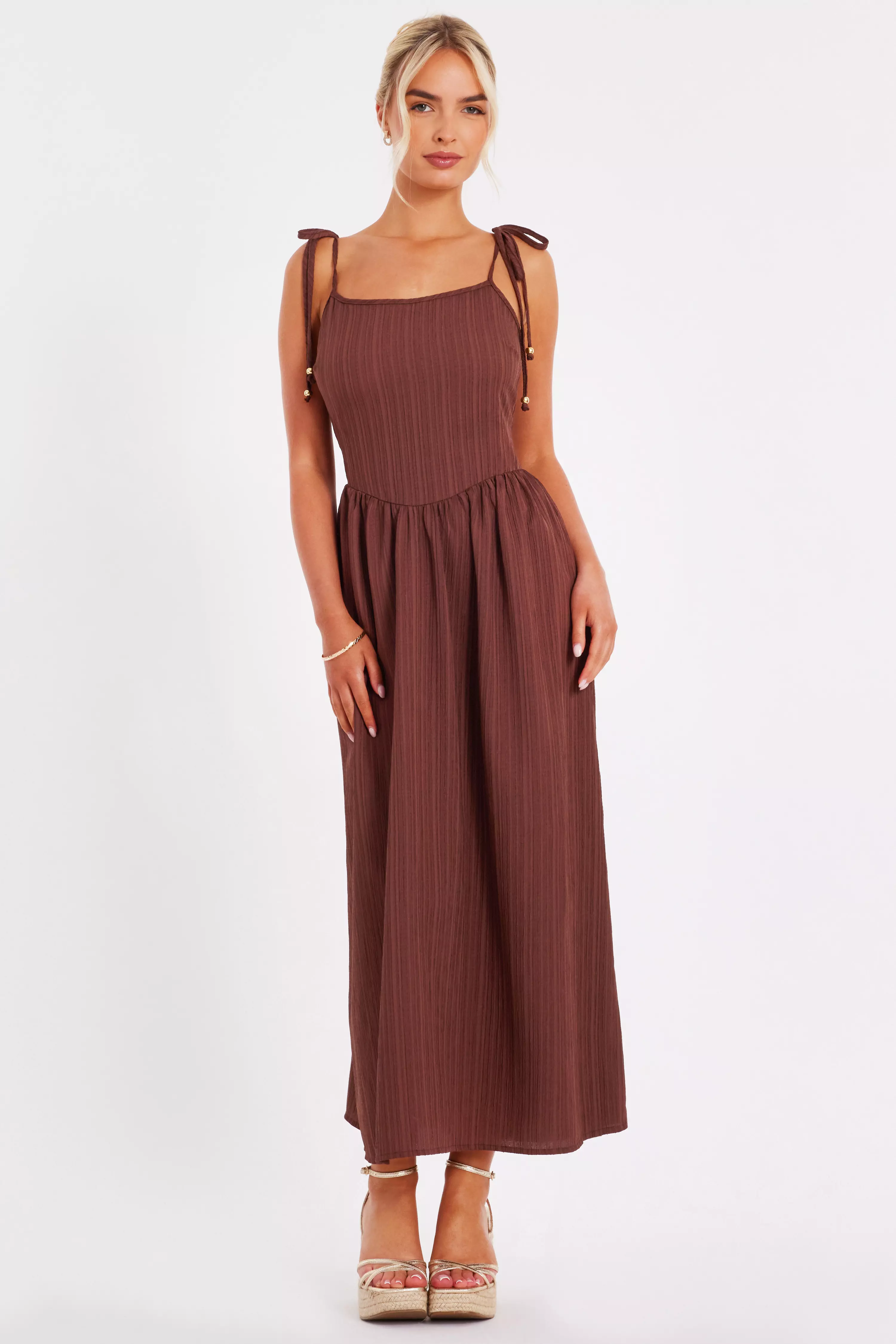 Brown Textured Midi Dress
