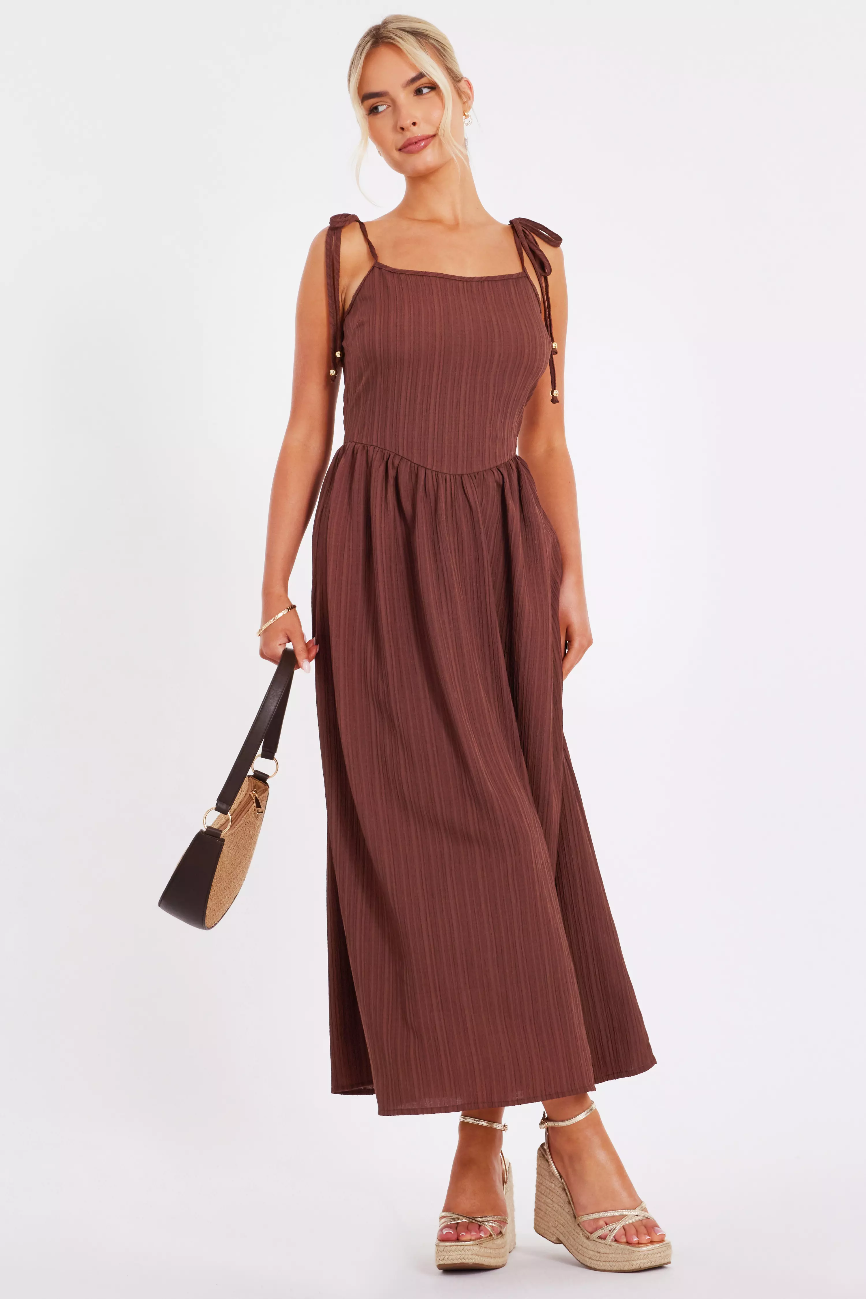 Brown Textured Midi Dress