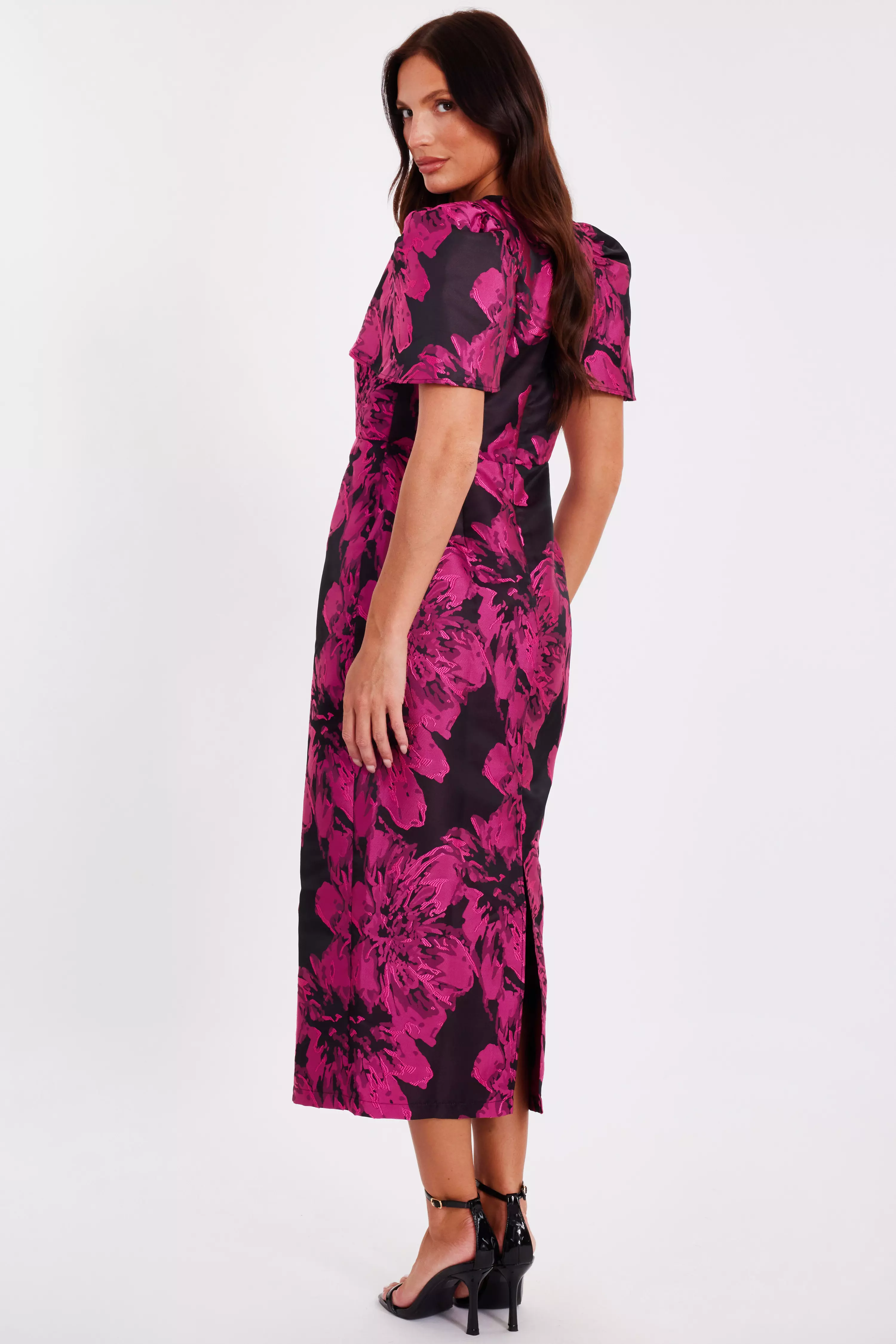 Magenta Floral Short Sleeve Midaxi Dress