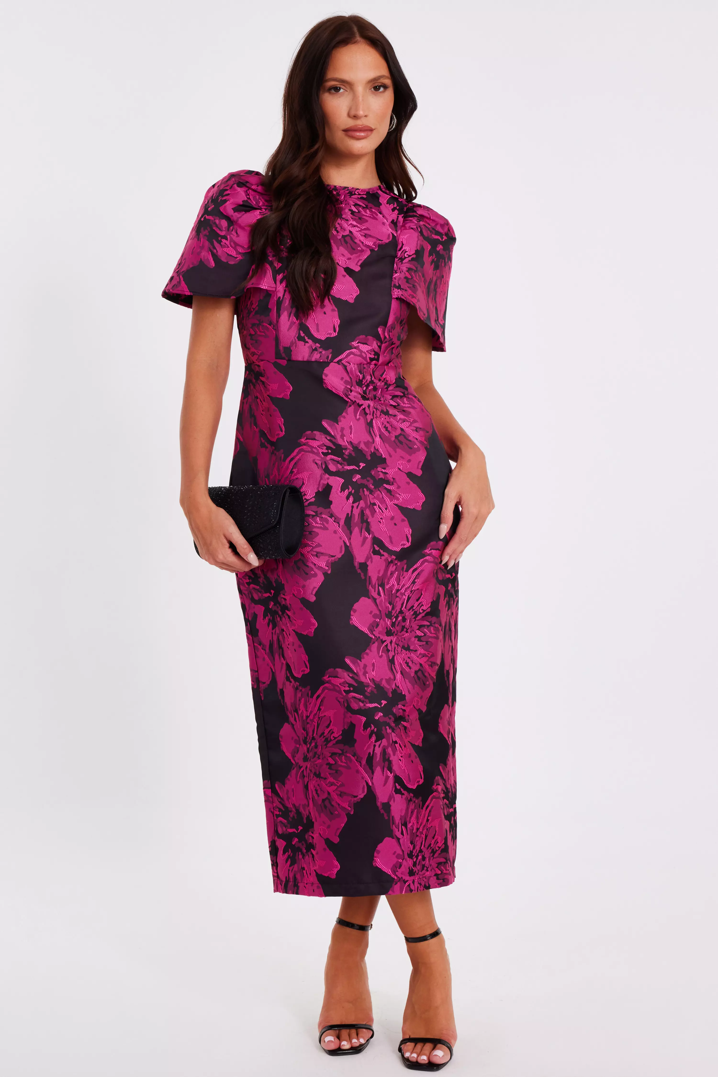 Magenta Floral Short Sleeve Midaxi Dress