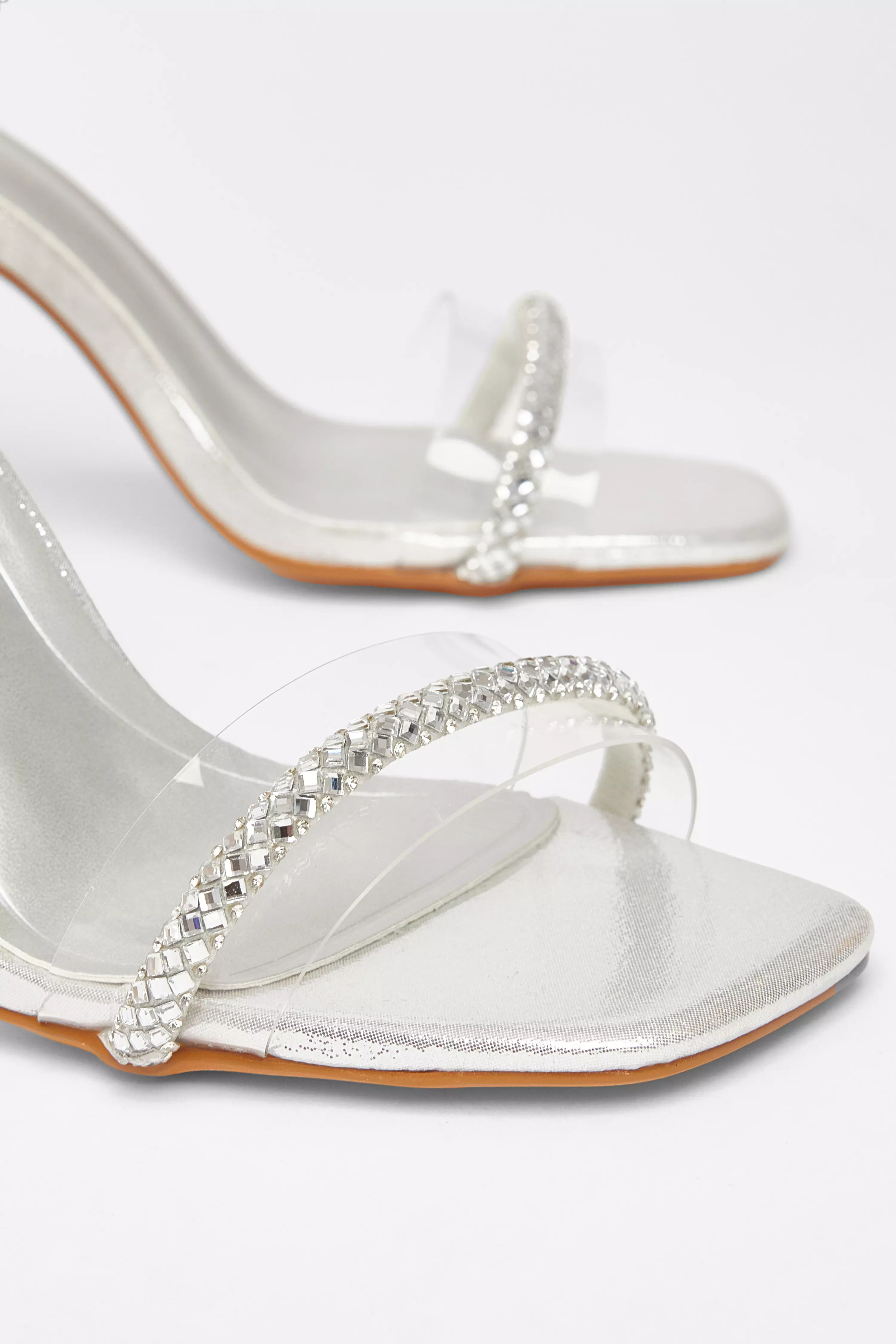Silver Diamante Clear Block Heels