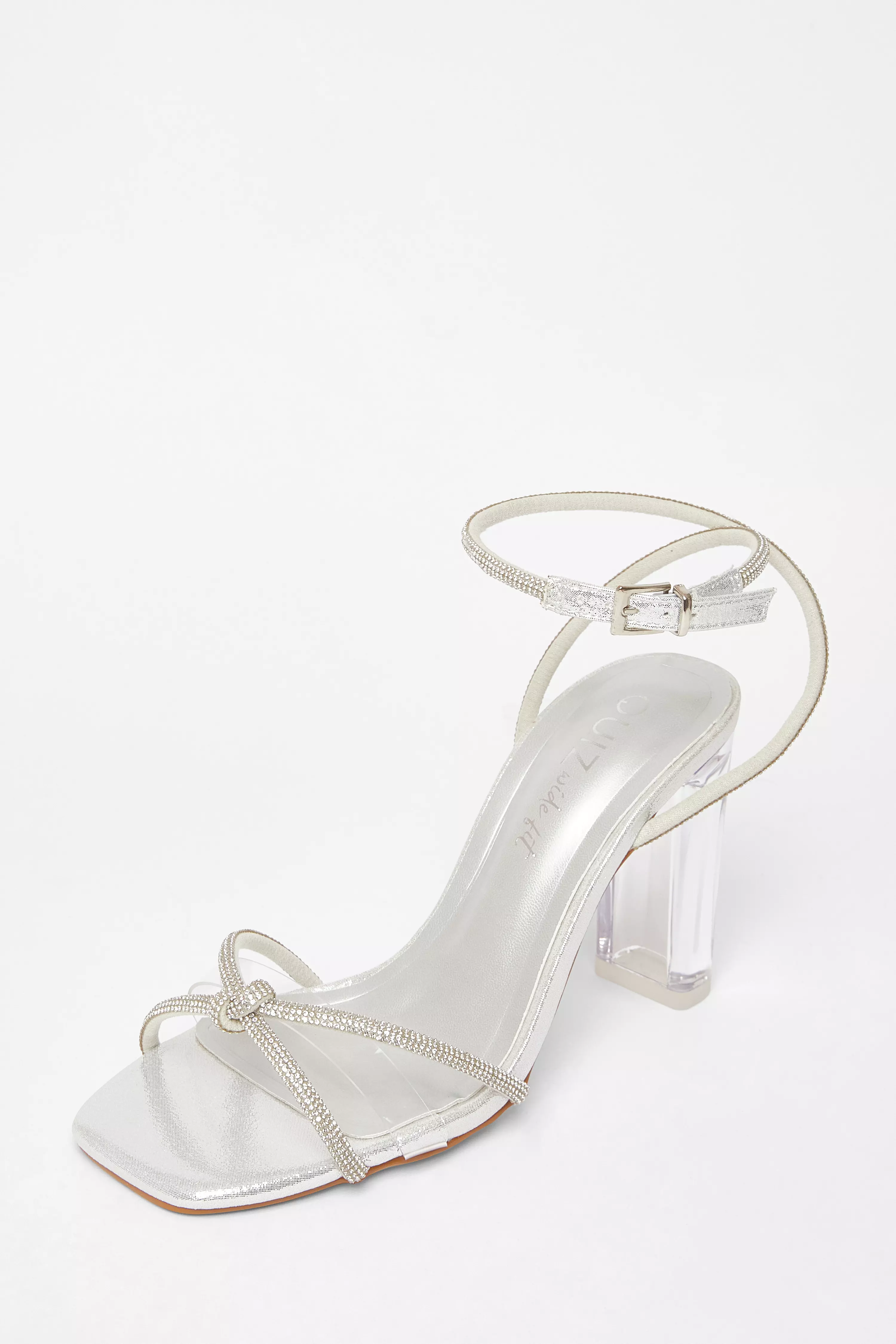 Wide Fit Silver Diamante Clear Block Heels
