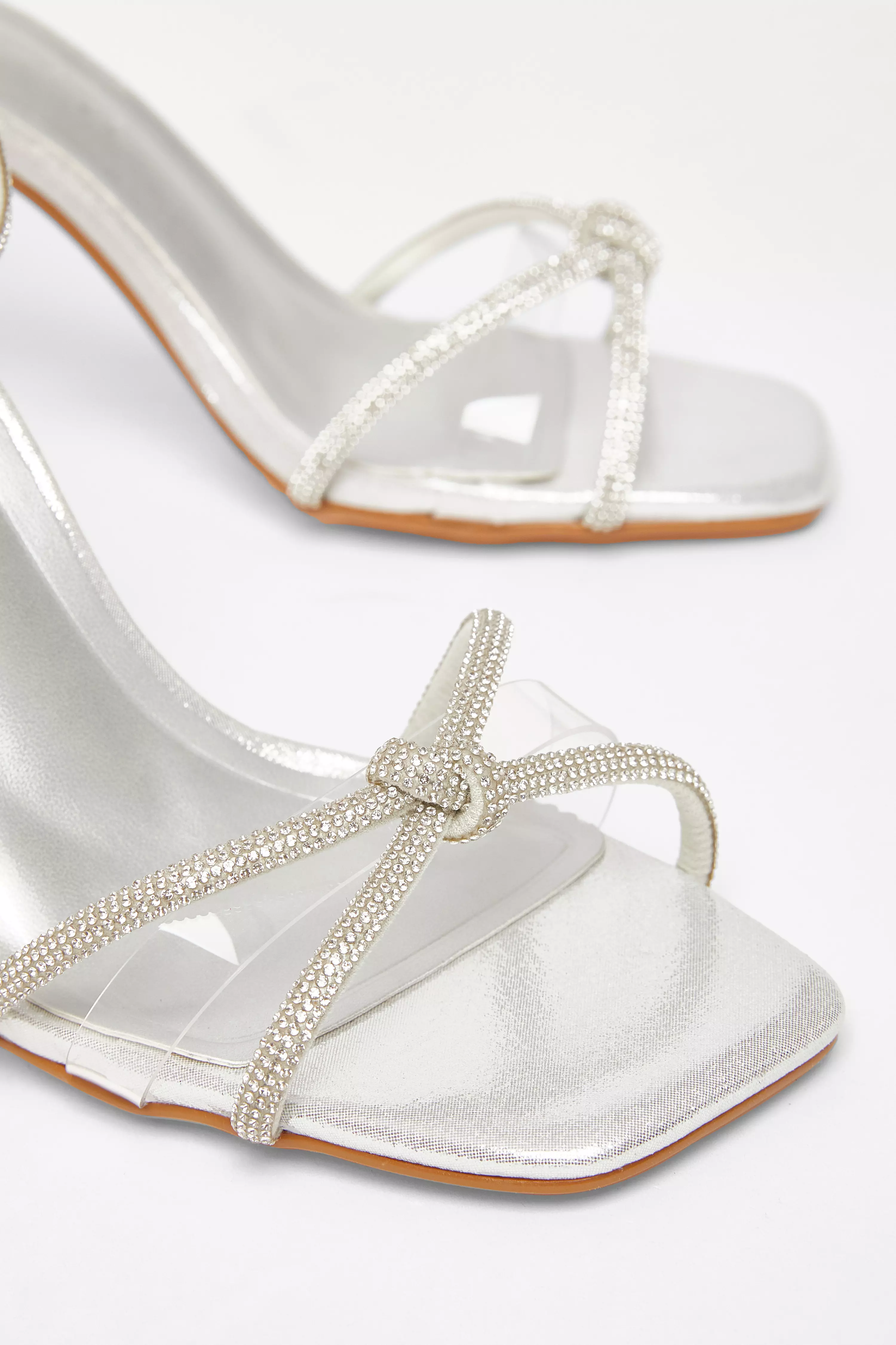 Wide Fit Silver Diamante Clear Block Heels