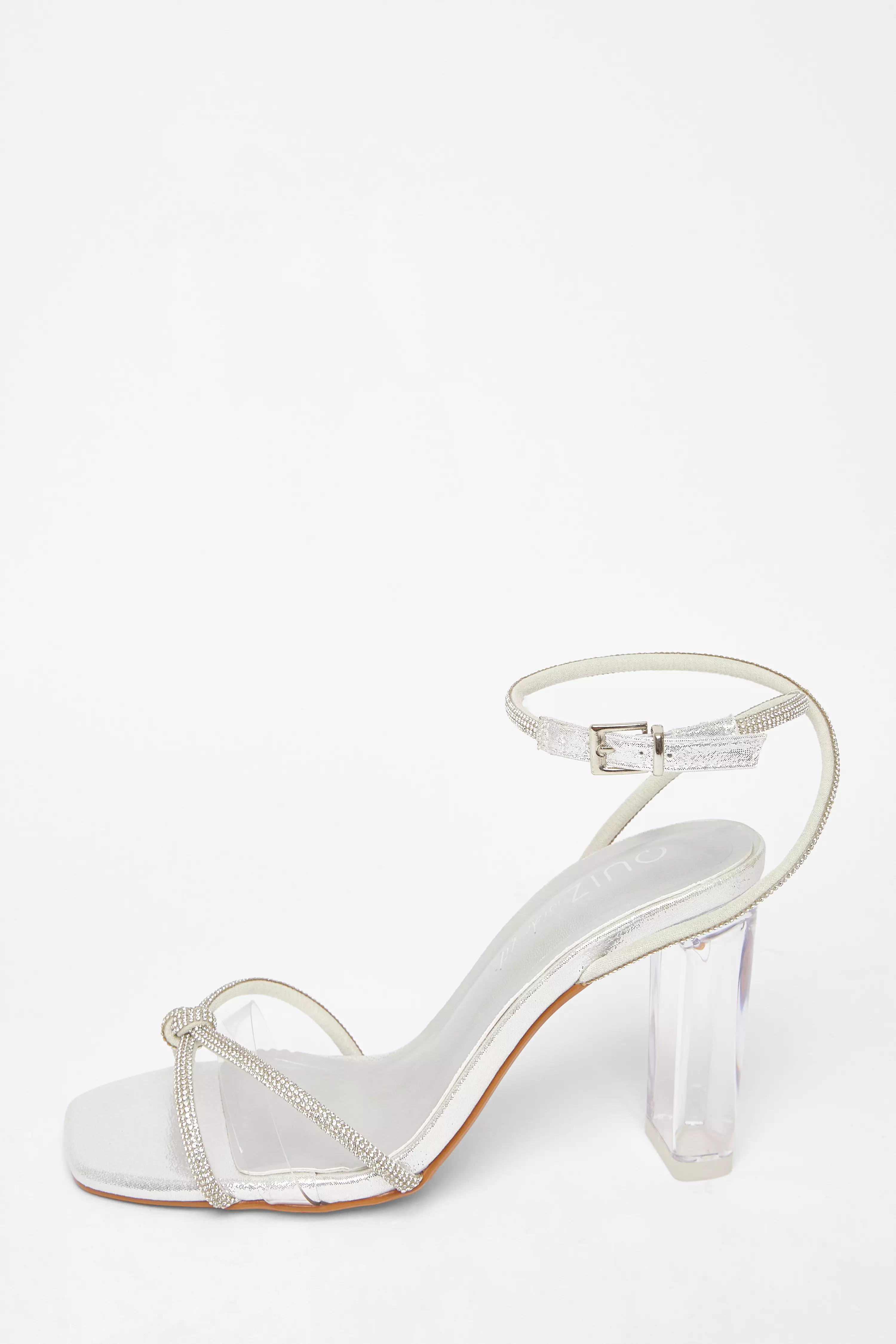 Wide Fit Silver Diamante Clear Block Heels