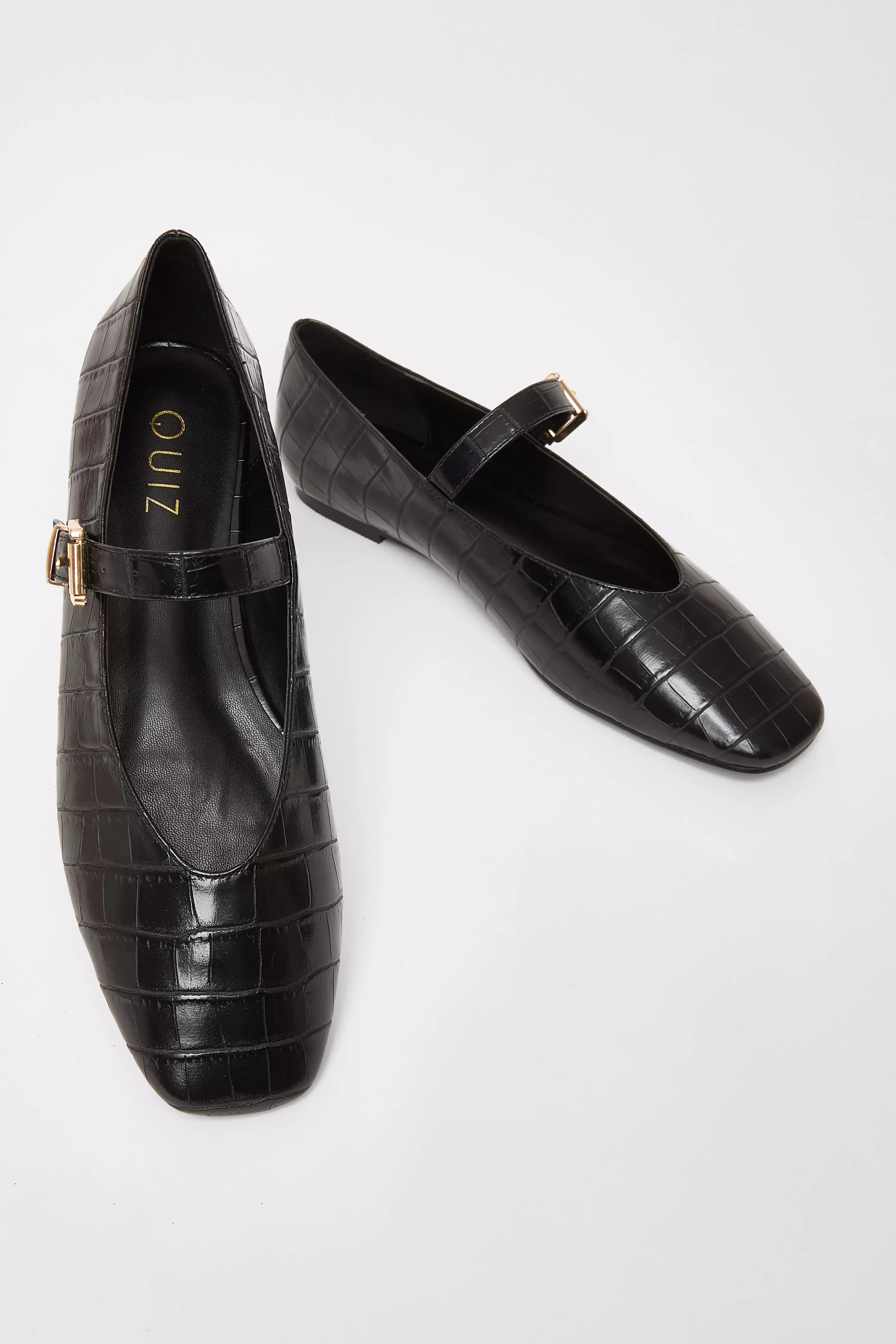 Black Faux Leather Croc Print Pumps