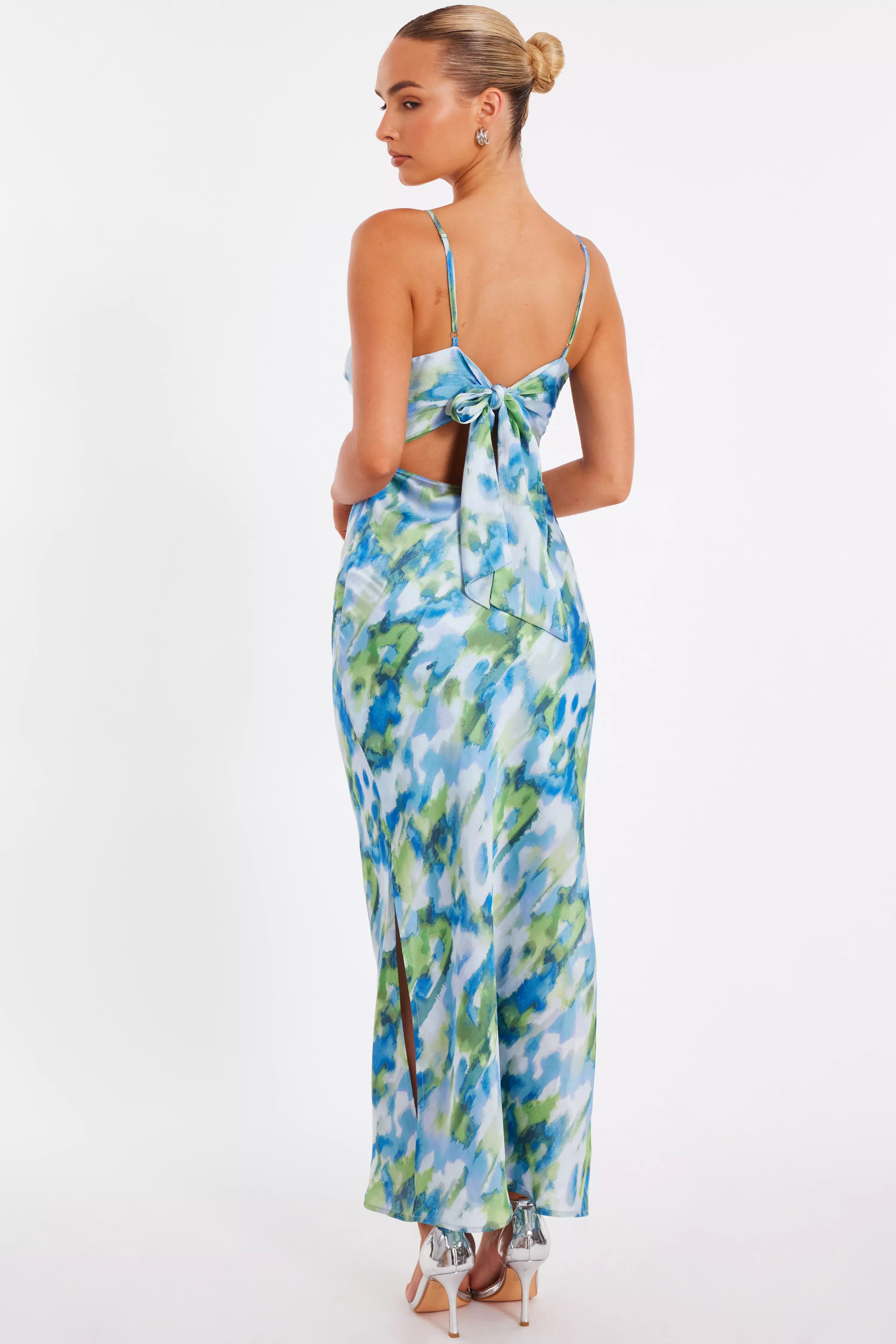 Blue Satin Tie Back Midaxi Dress
