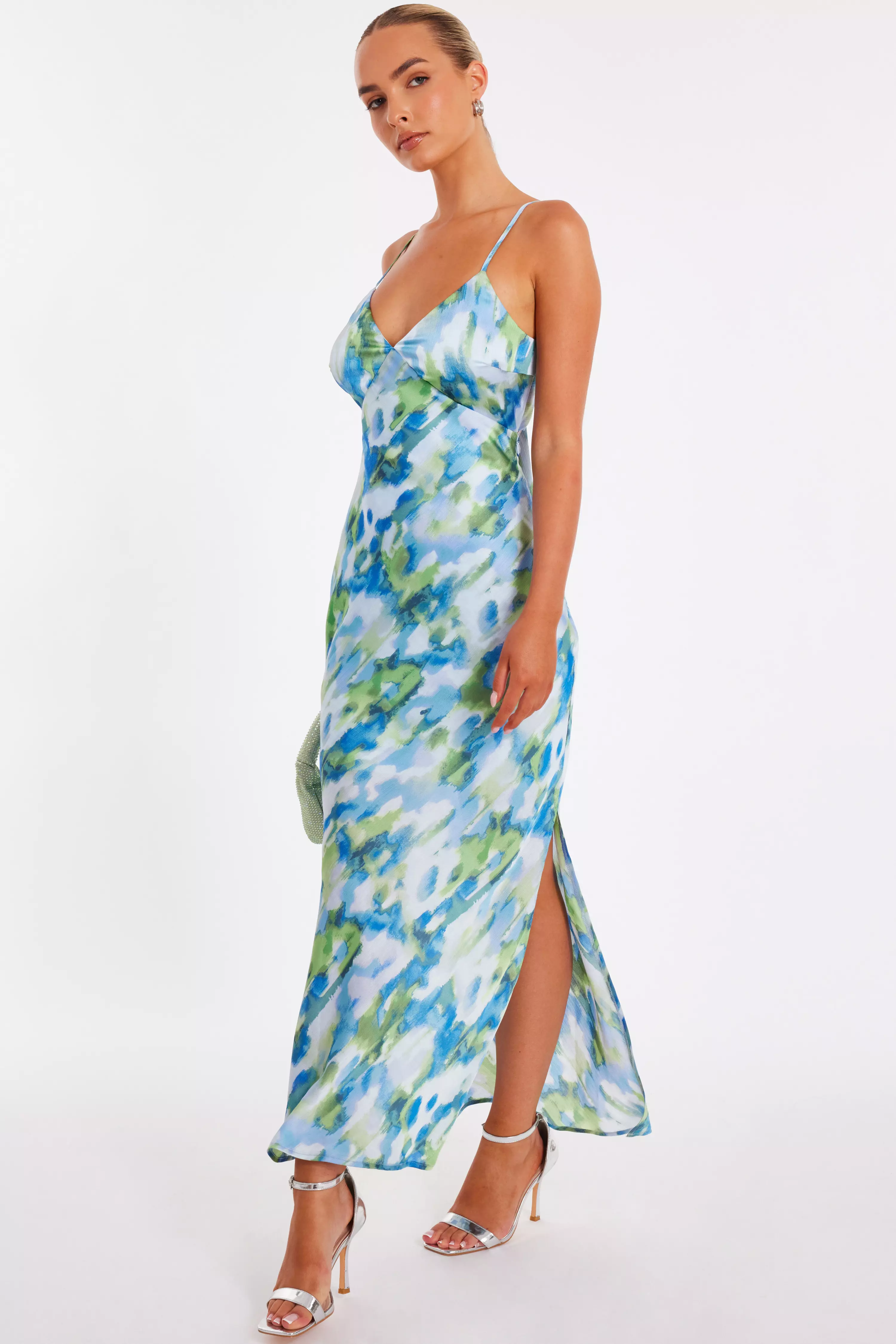 Blue Satin Tie Back Midaxi Dress