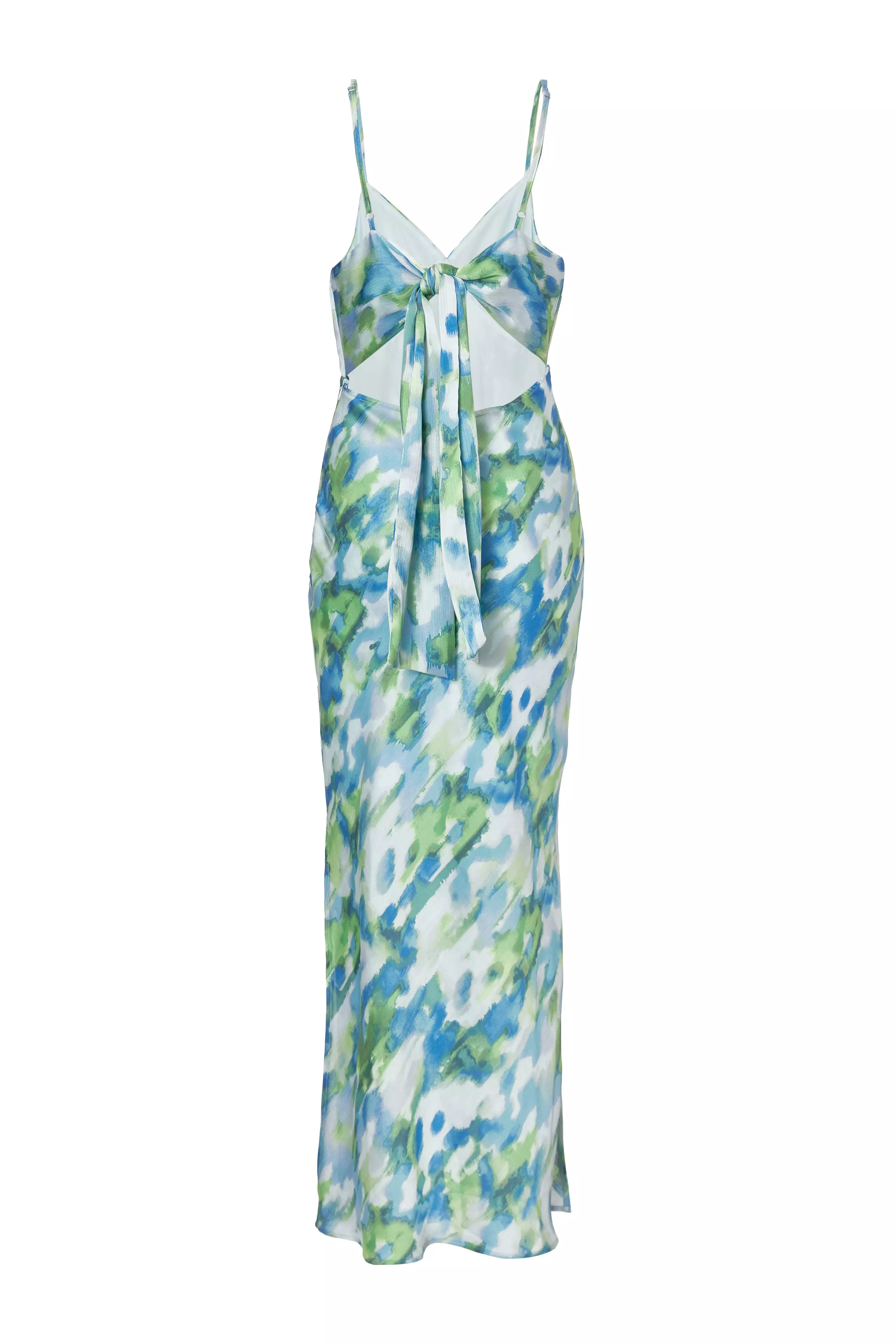 Blue Satin Tie Back Midaxi Dress