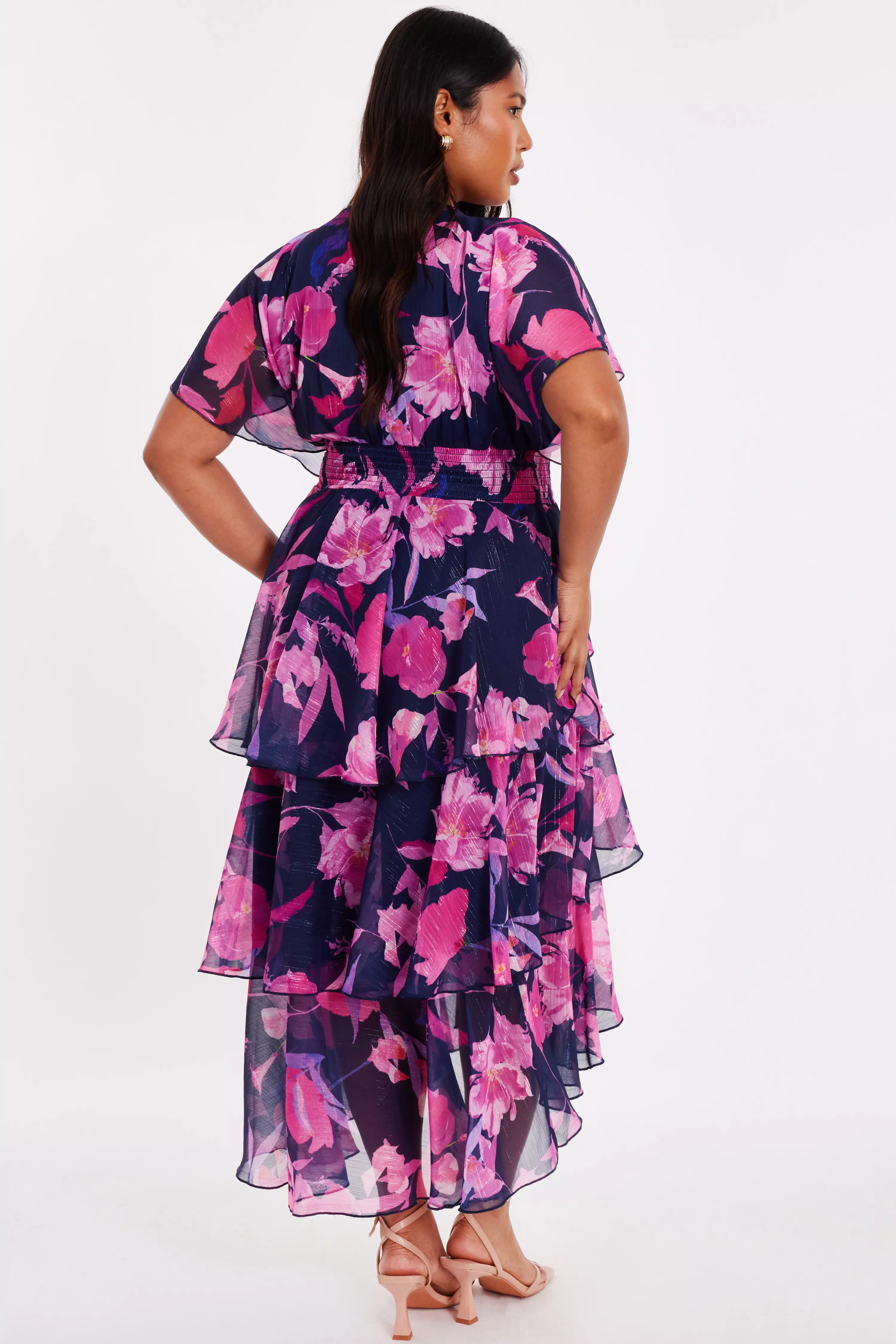 Curve Navy Chiffon Tiered Midi Dress