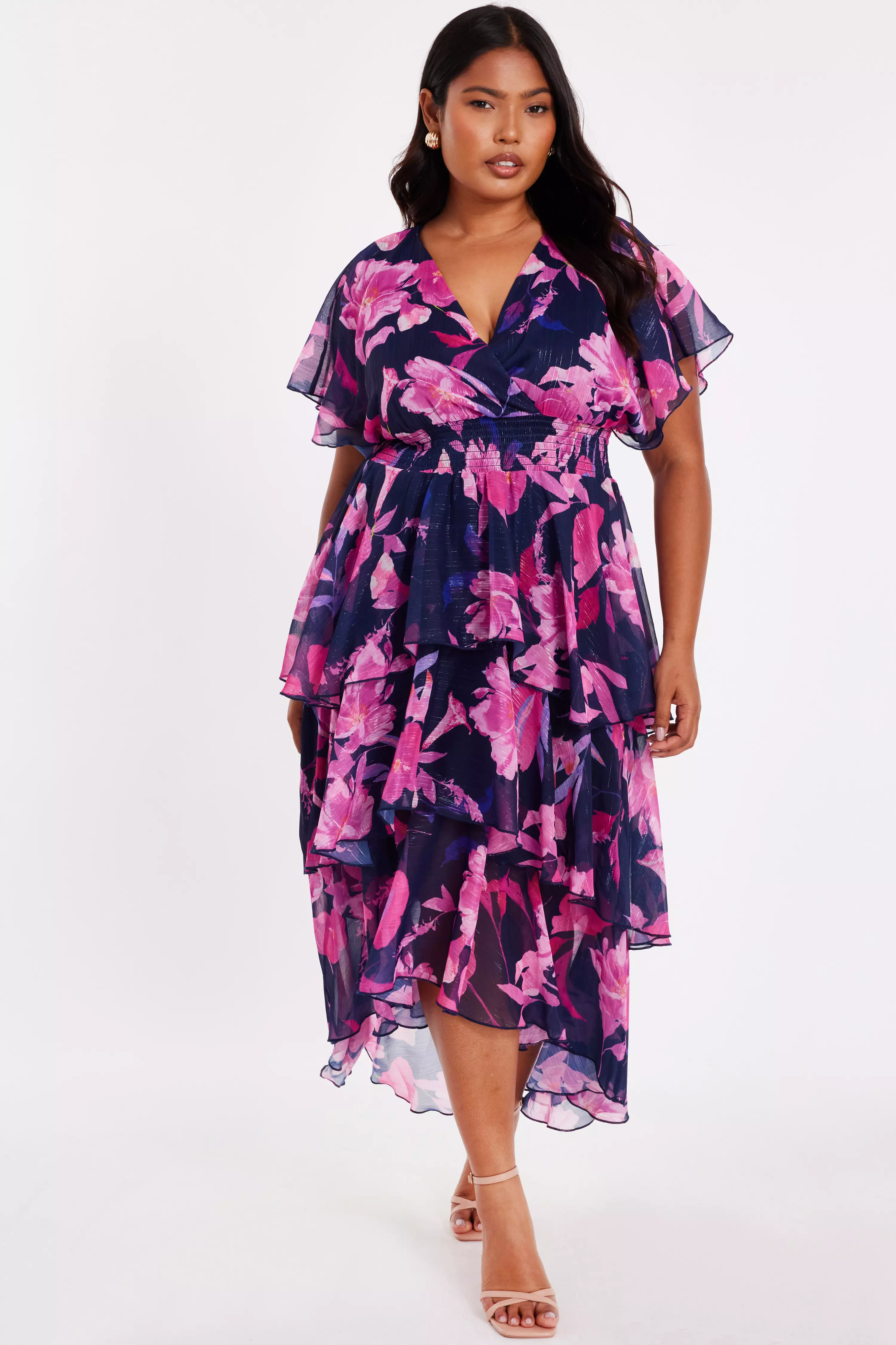 Curve Navy Chiffon Tiered Midi Dress