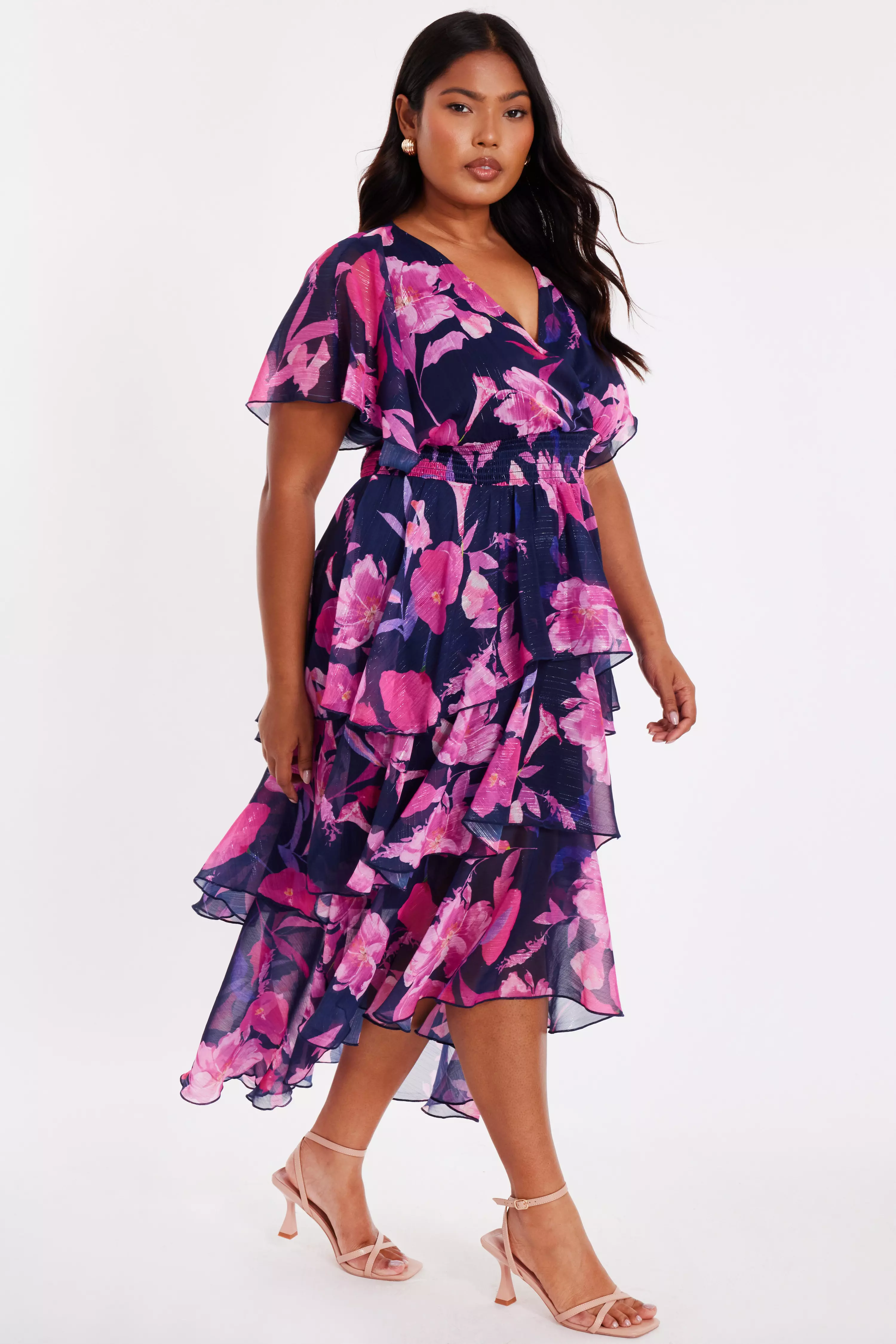 Curve Navy Chiffon Tiered Midi Dress