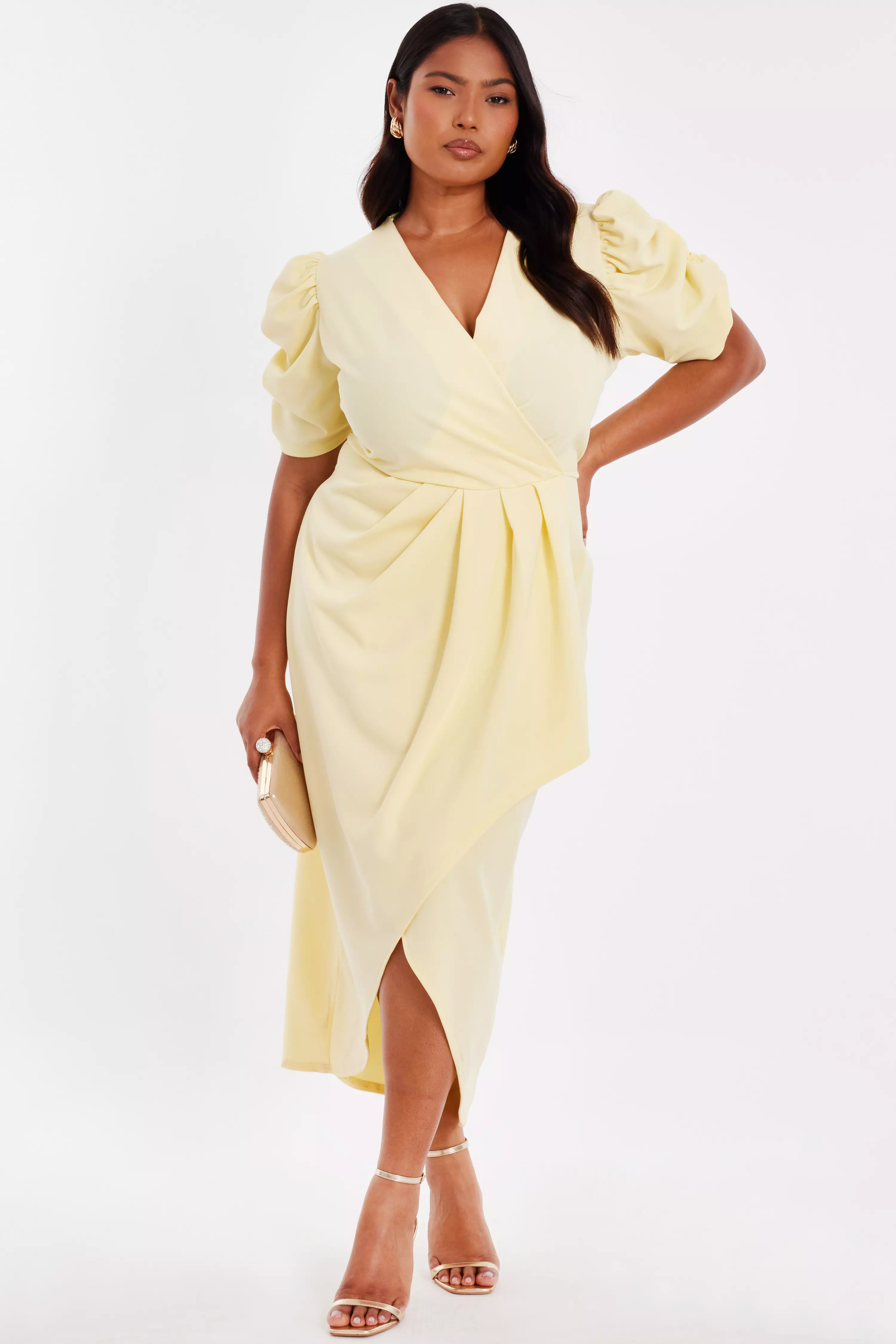 Curve Light Yellow Wrap Midi Dress