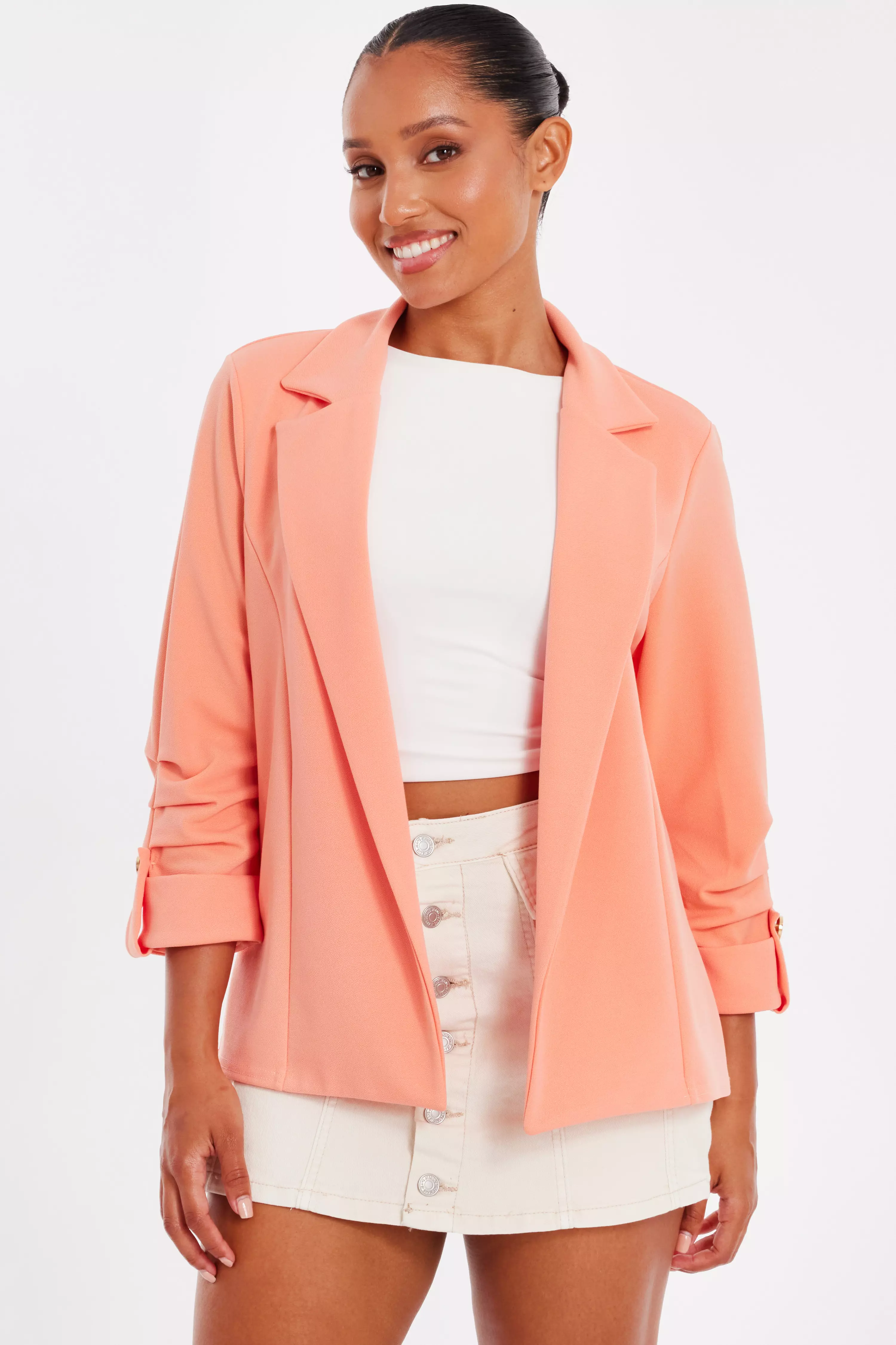 Petite Coral Ruched Sleeve Blazer