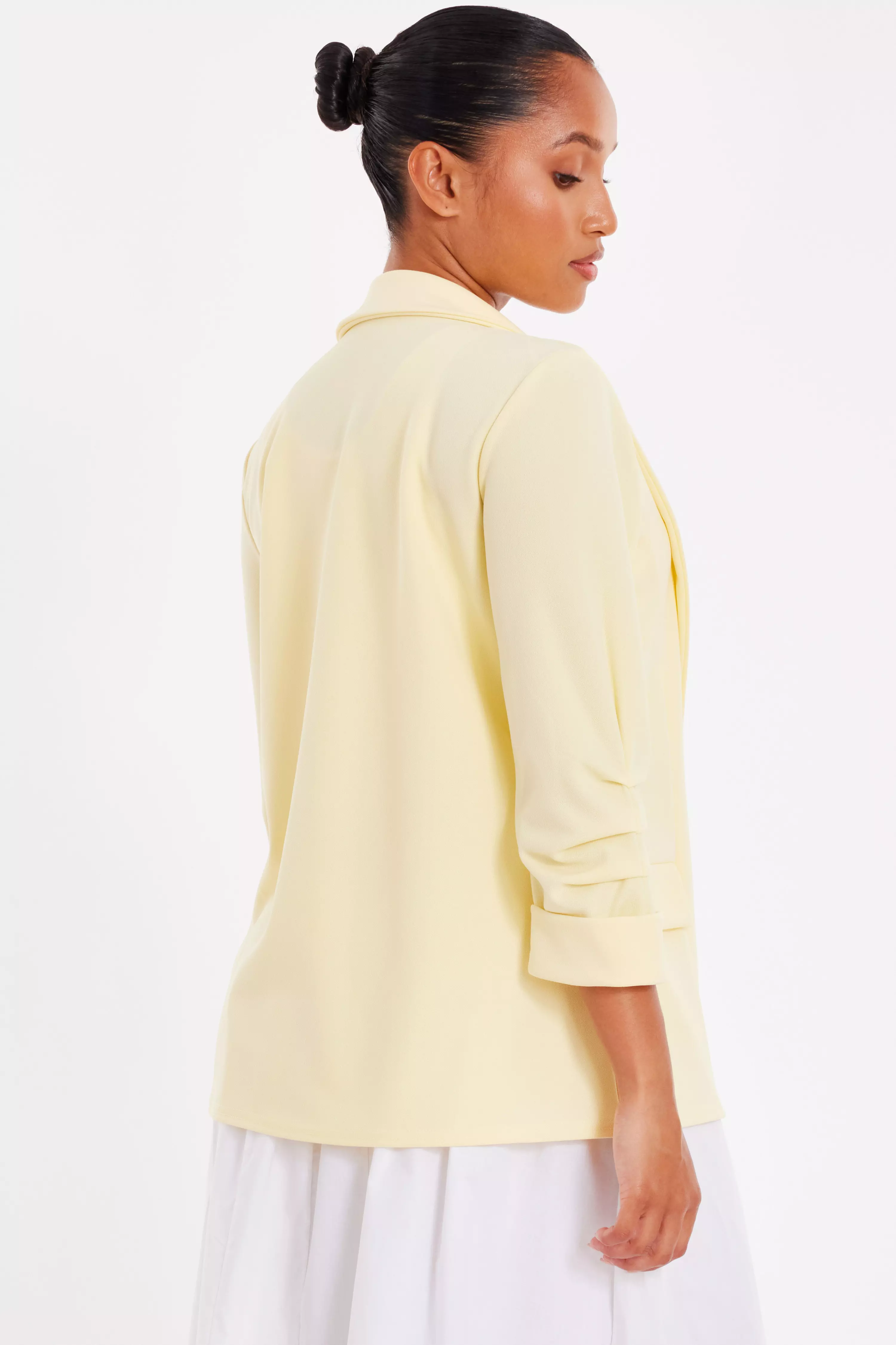 Petite Light Yellow Ruched Sleeve Blazer