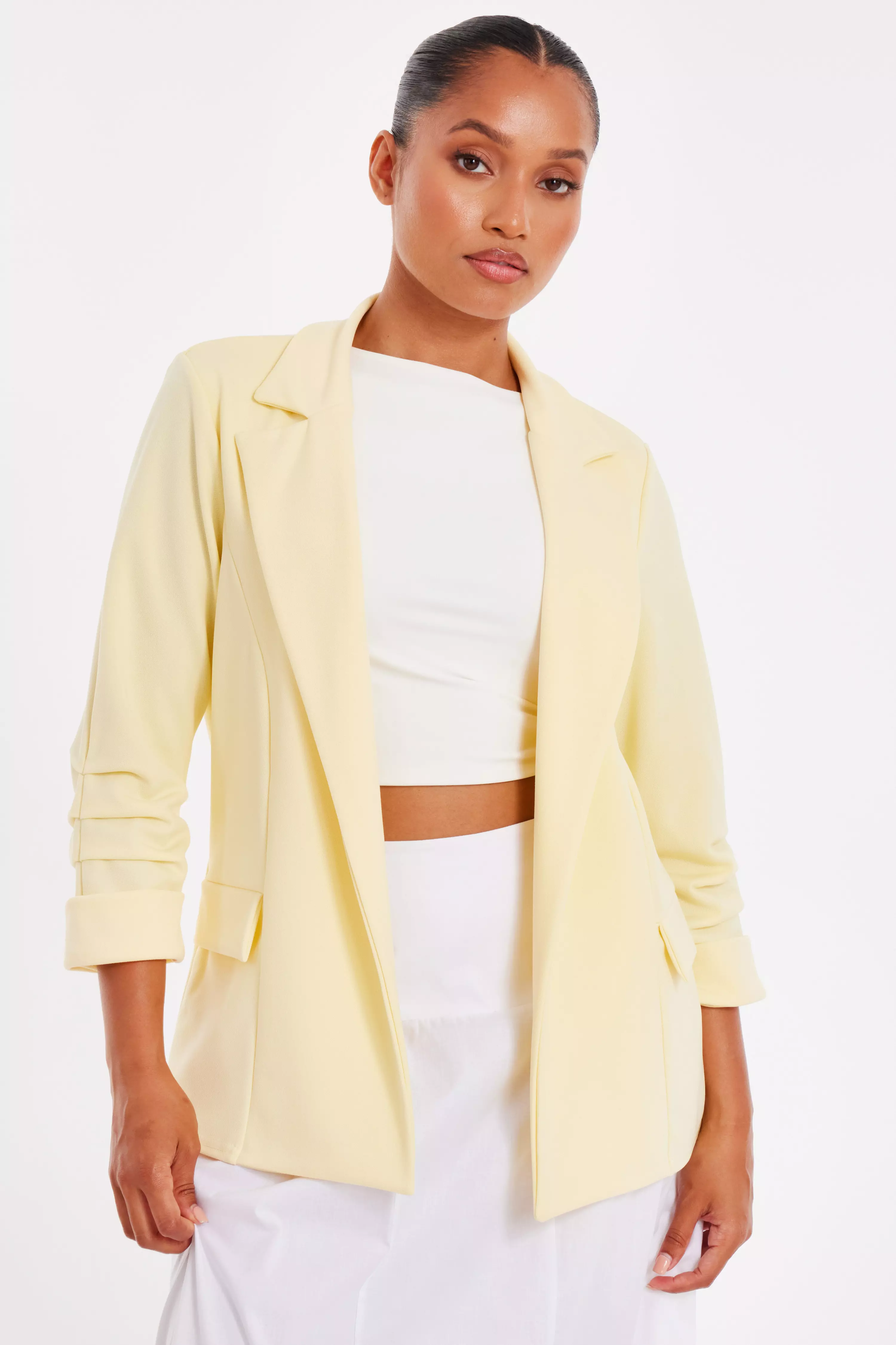 Petite Light Yellow Ruched Sleeve Blazer