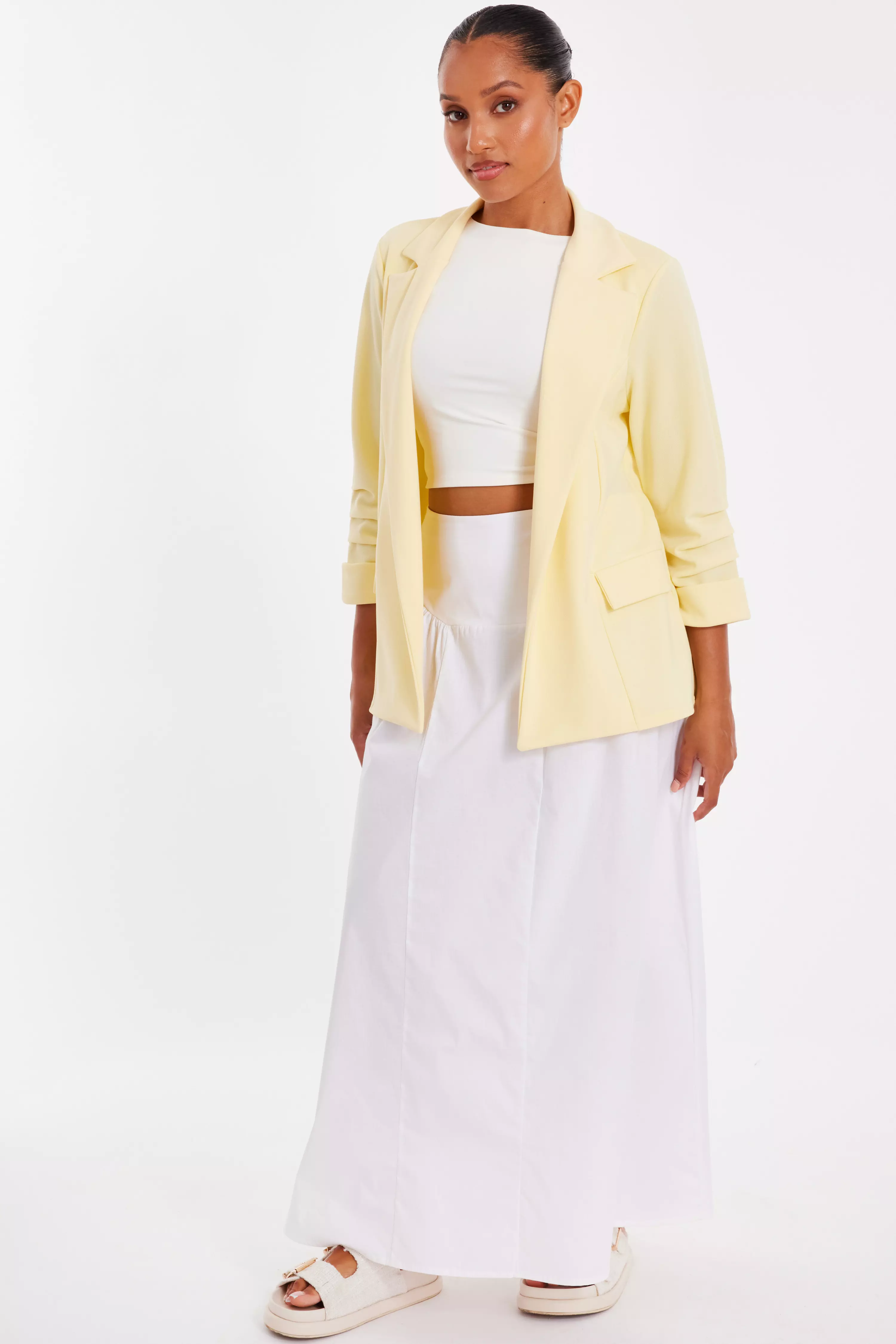 Petite Light Yellow Ruched Sleeve Blazer