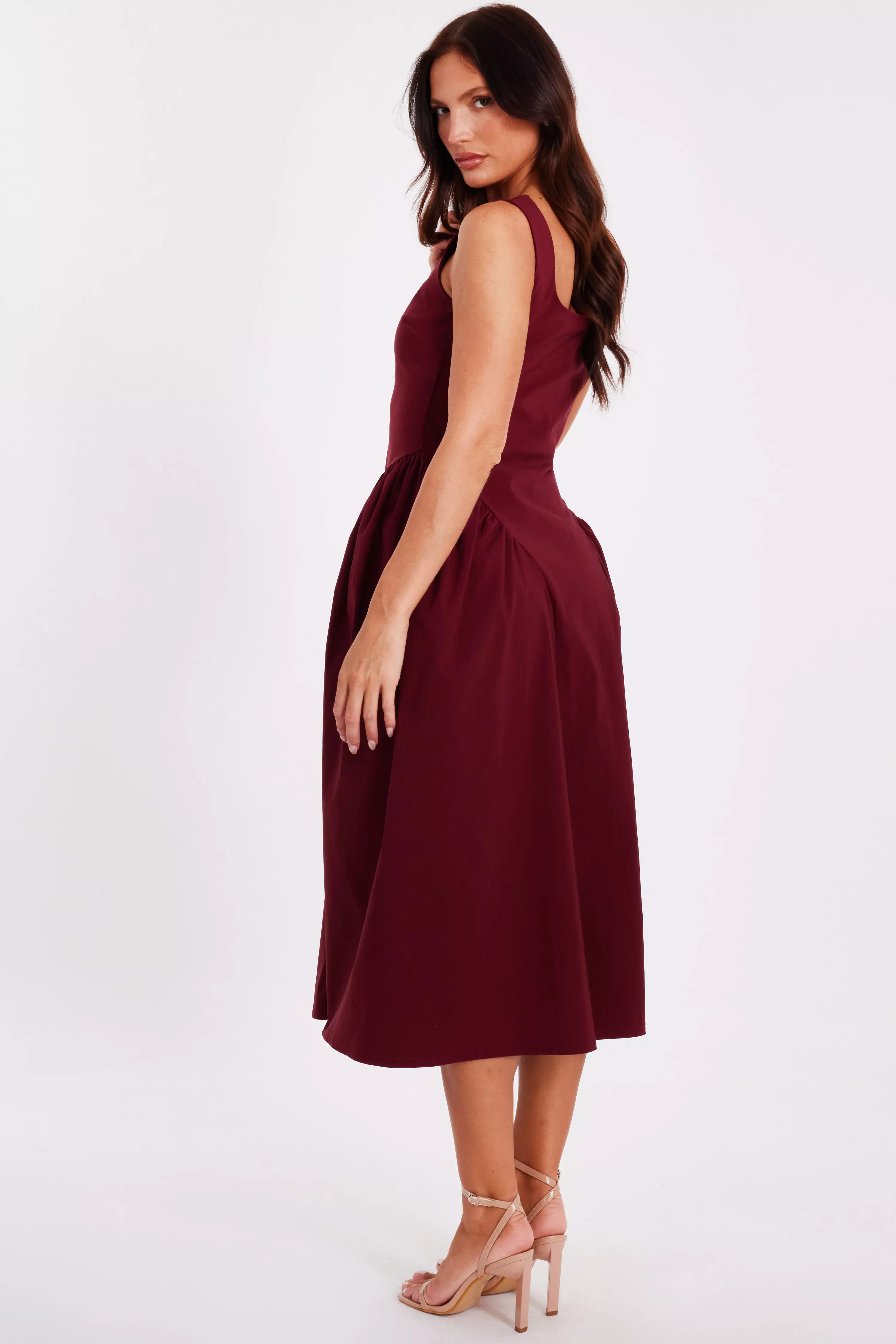Dark Red Gathered Side Midi Dress