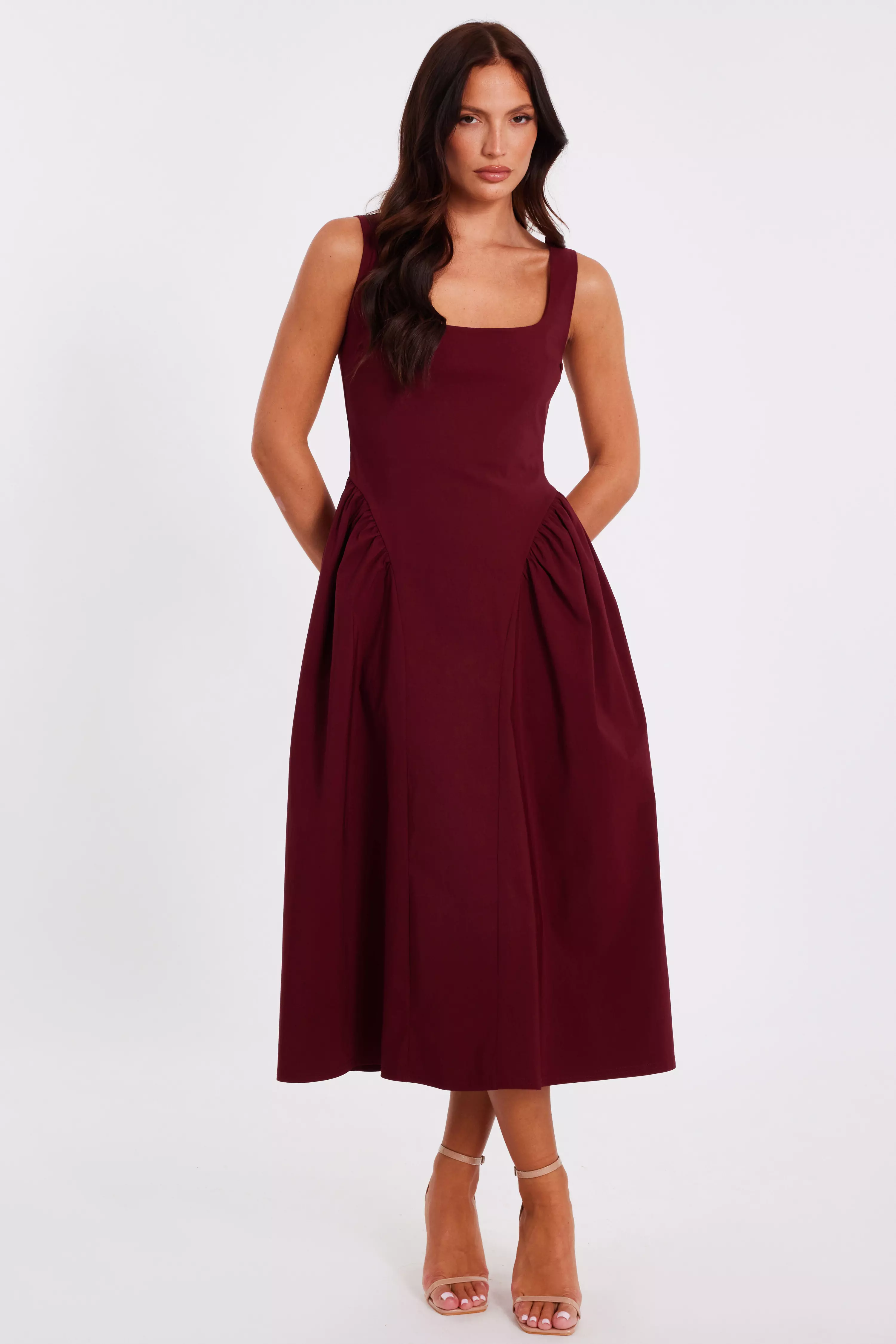 Dark Red Gathered Side Midi Dress