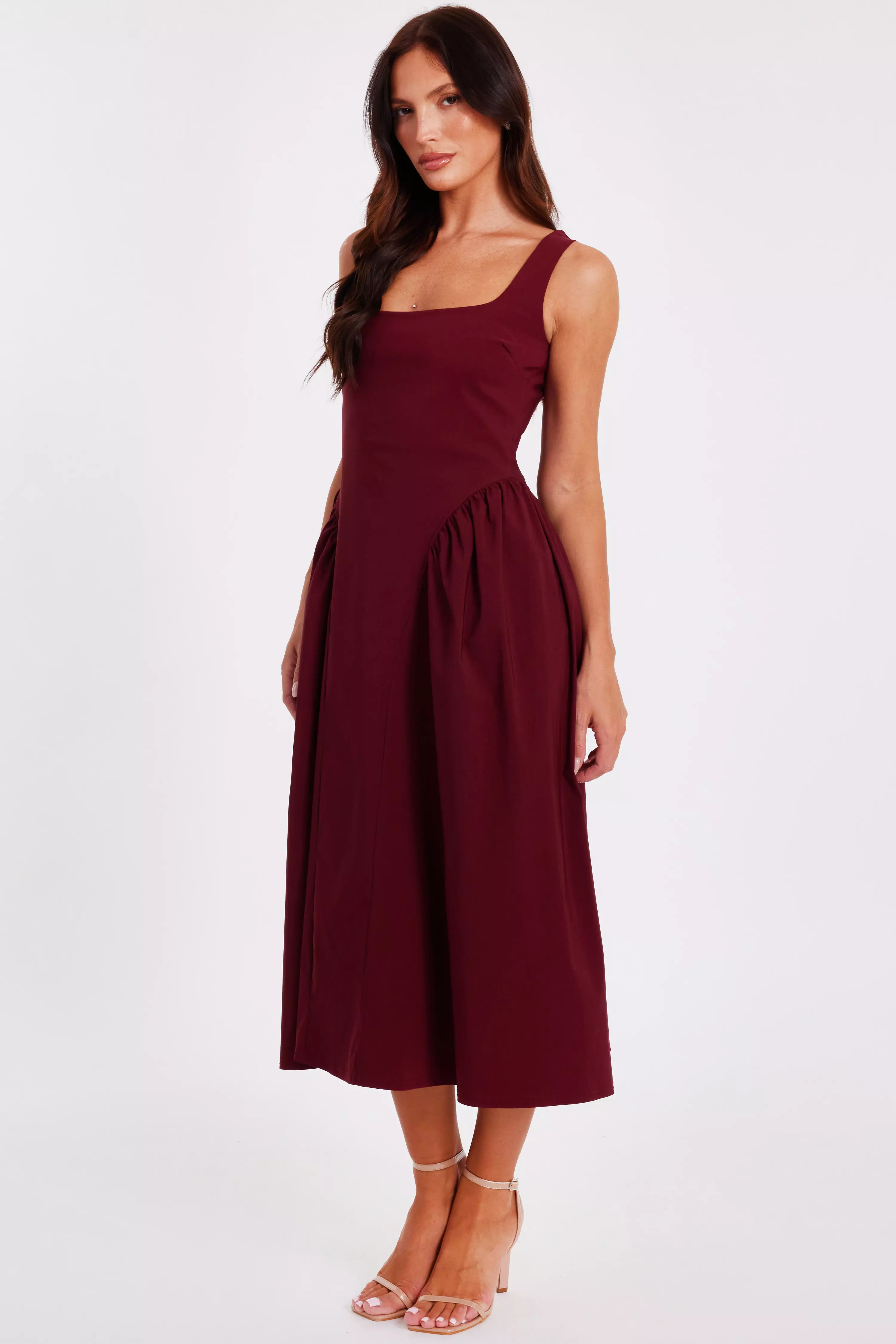 Dark Red Gathered Side Midi Dress