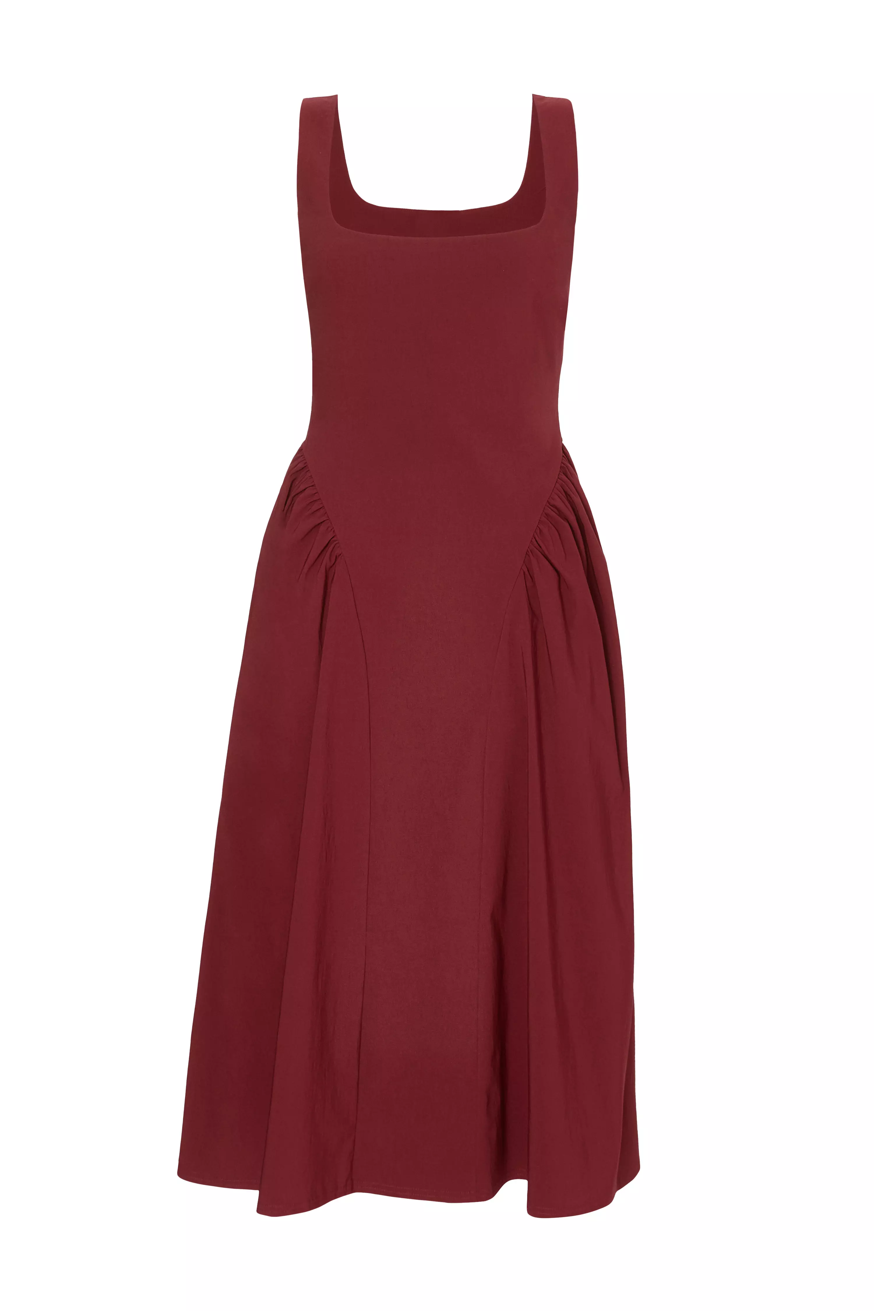 Dark Red Gathered Side Midi Dress
