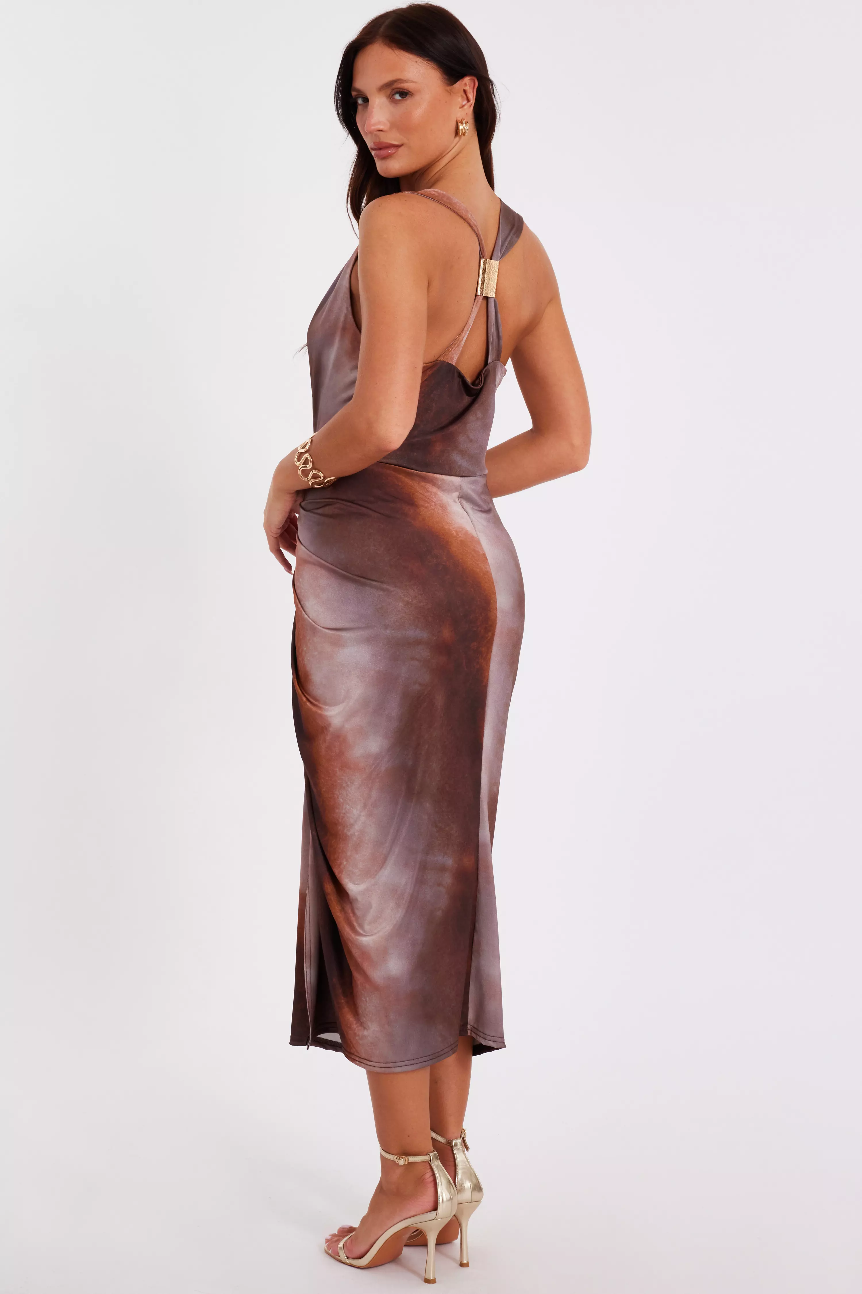 Brown Ruched Side Midi Dress