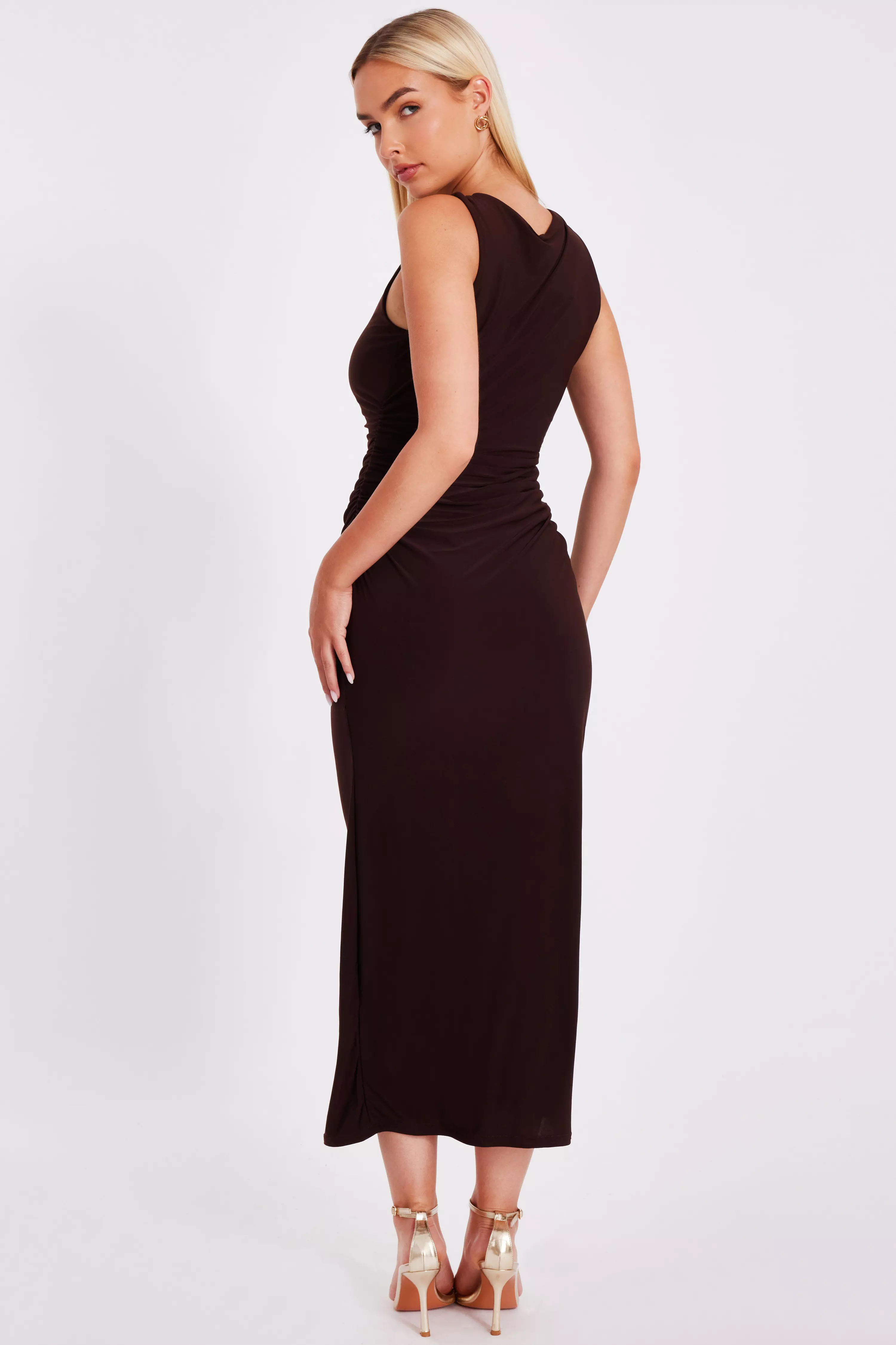 Brown Gold Buckle Midaxi Dress