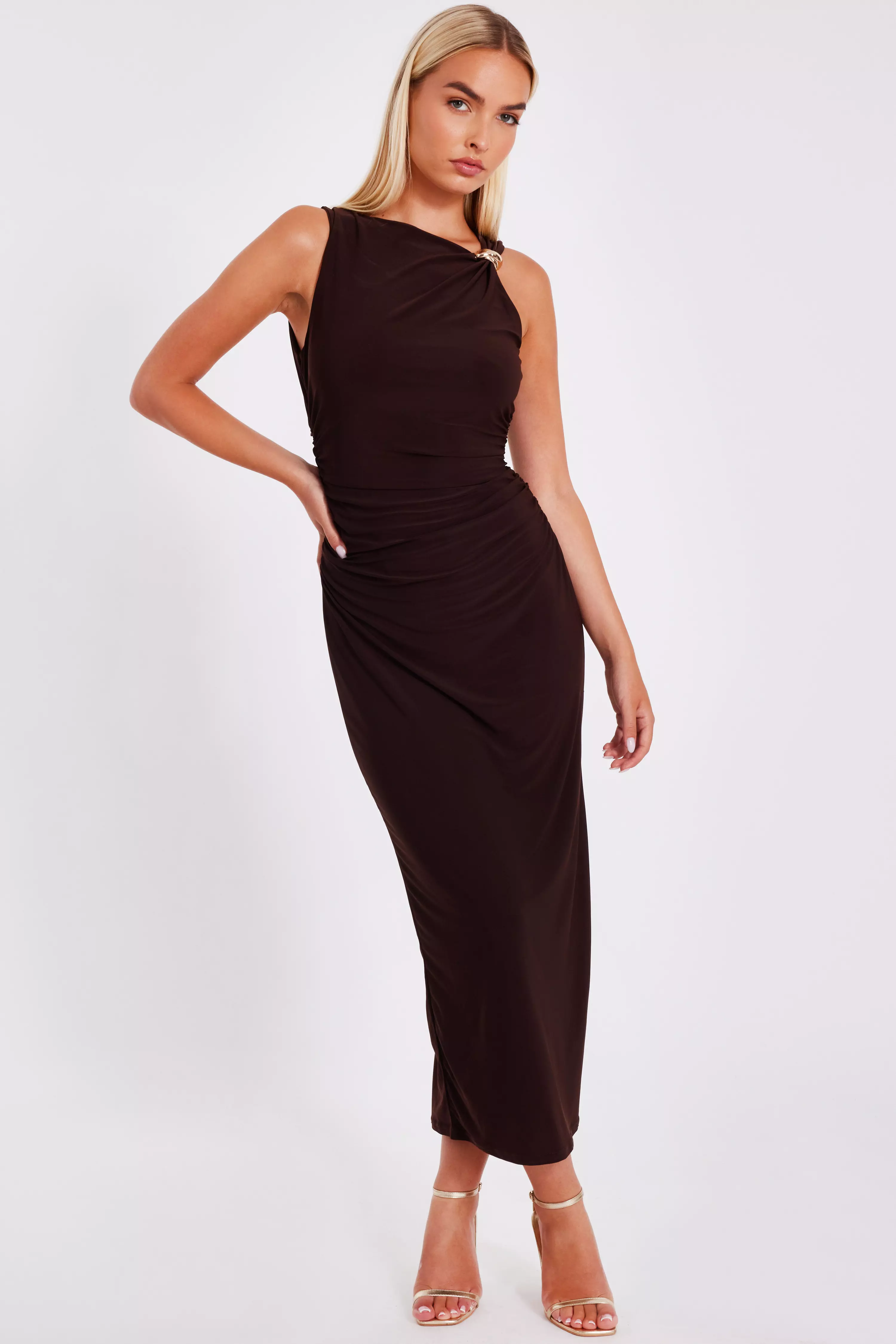 Brown Gold Buckle Midaxi Dress