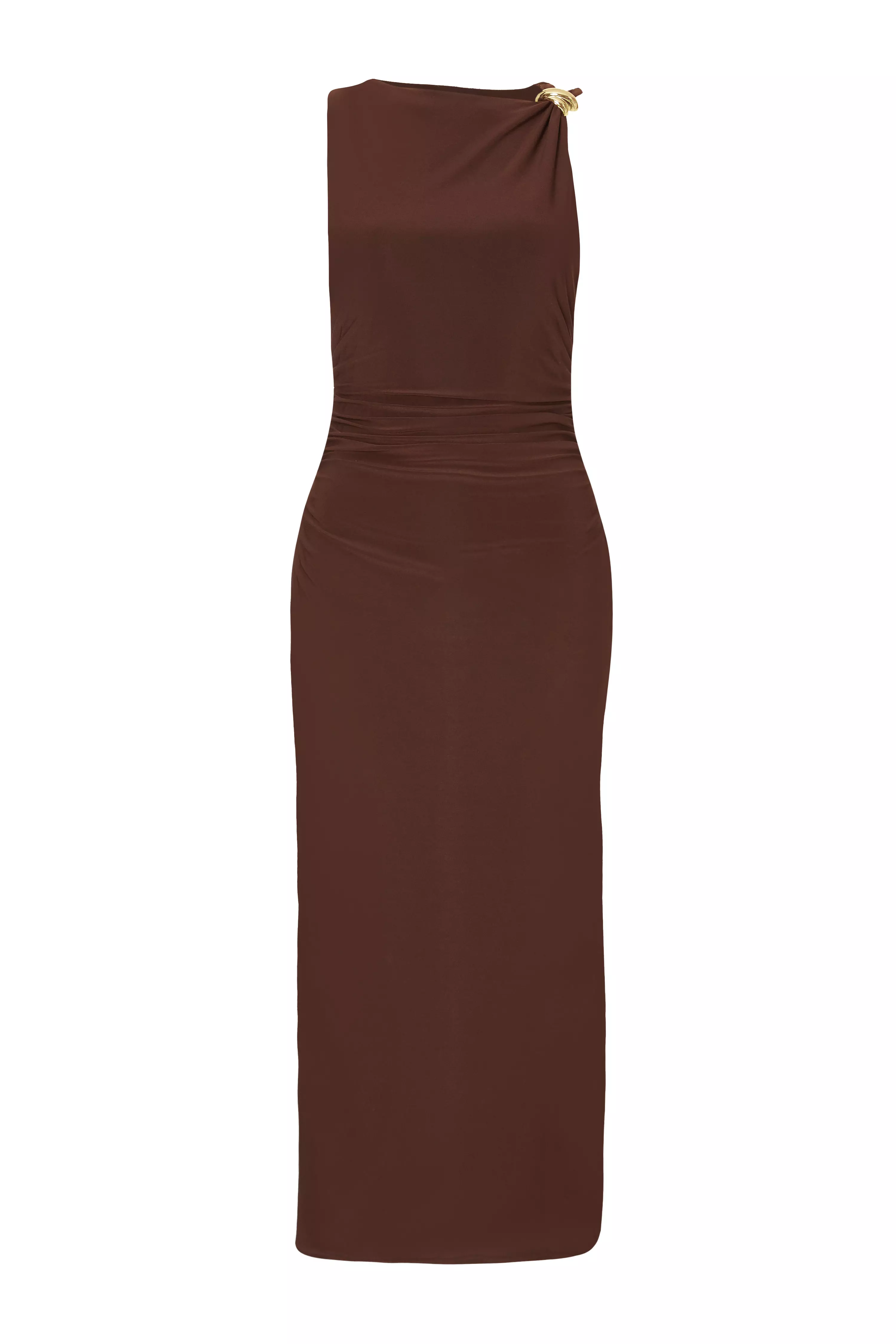 Brown Gold Buckle Midaxi Dress