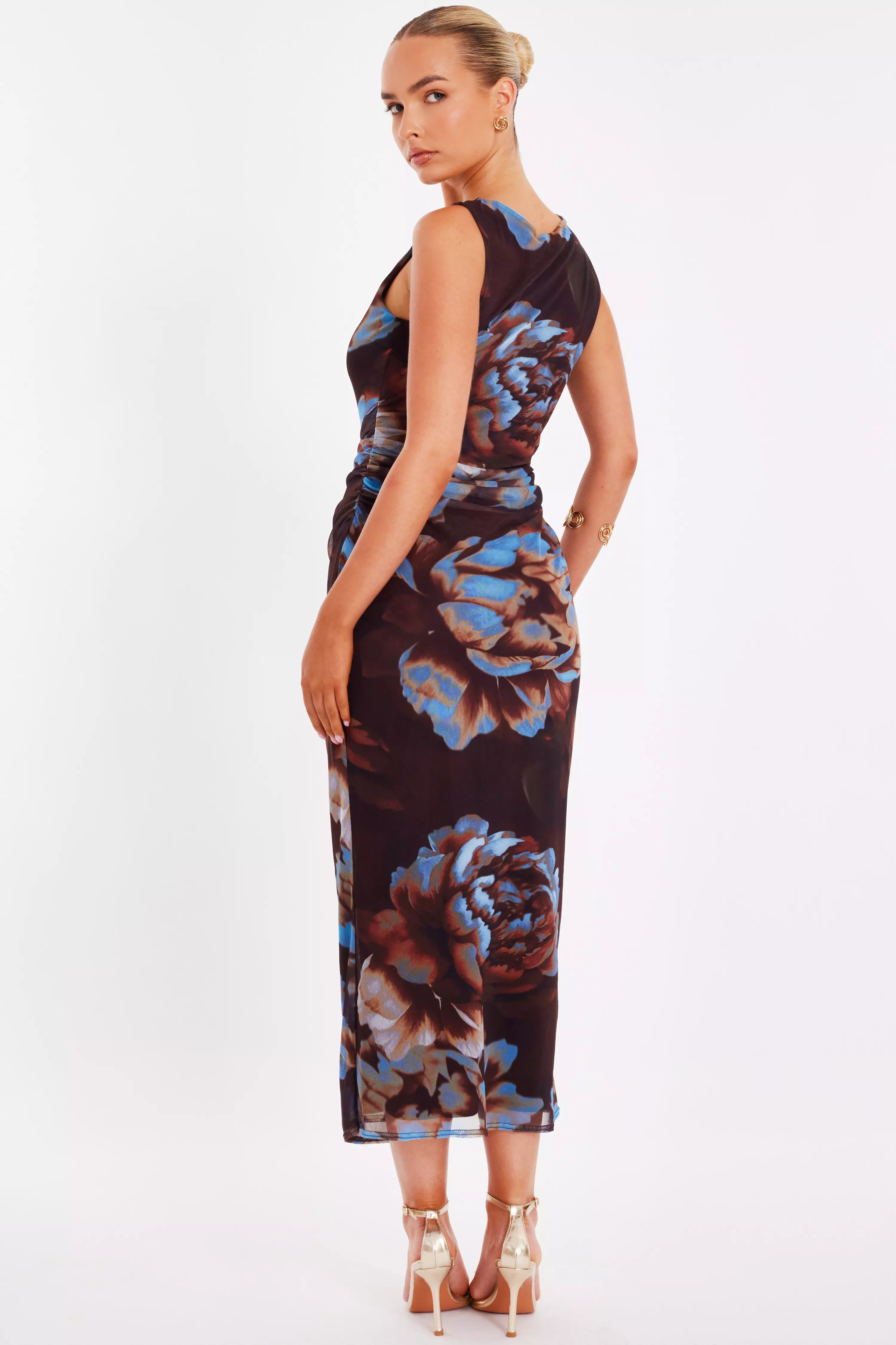 Brown Mesh Floral Midaxi Dress