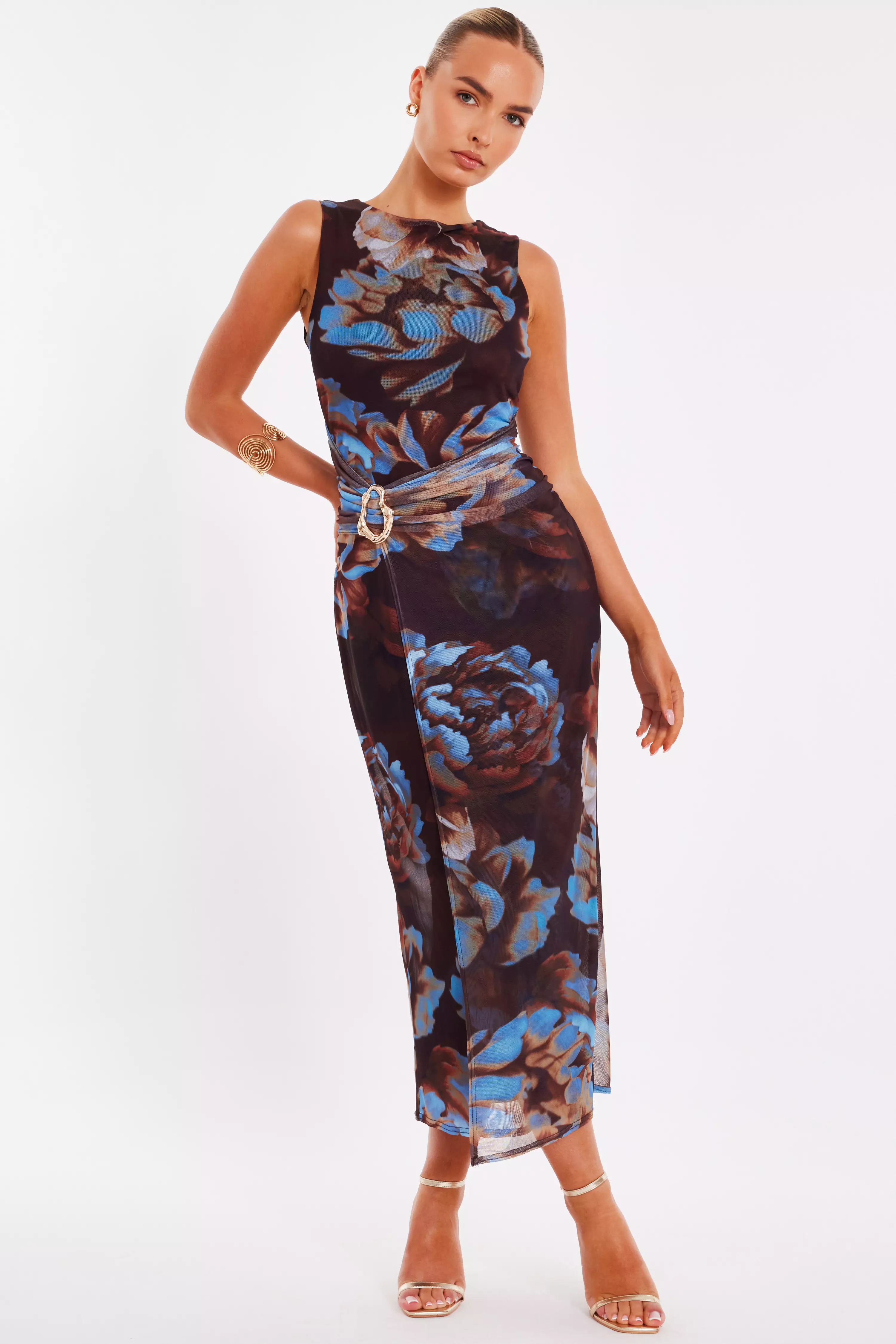 Brown Mesh Floral Midaxi Dress