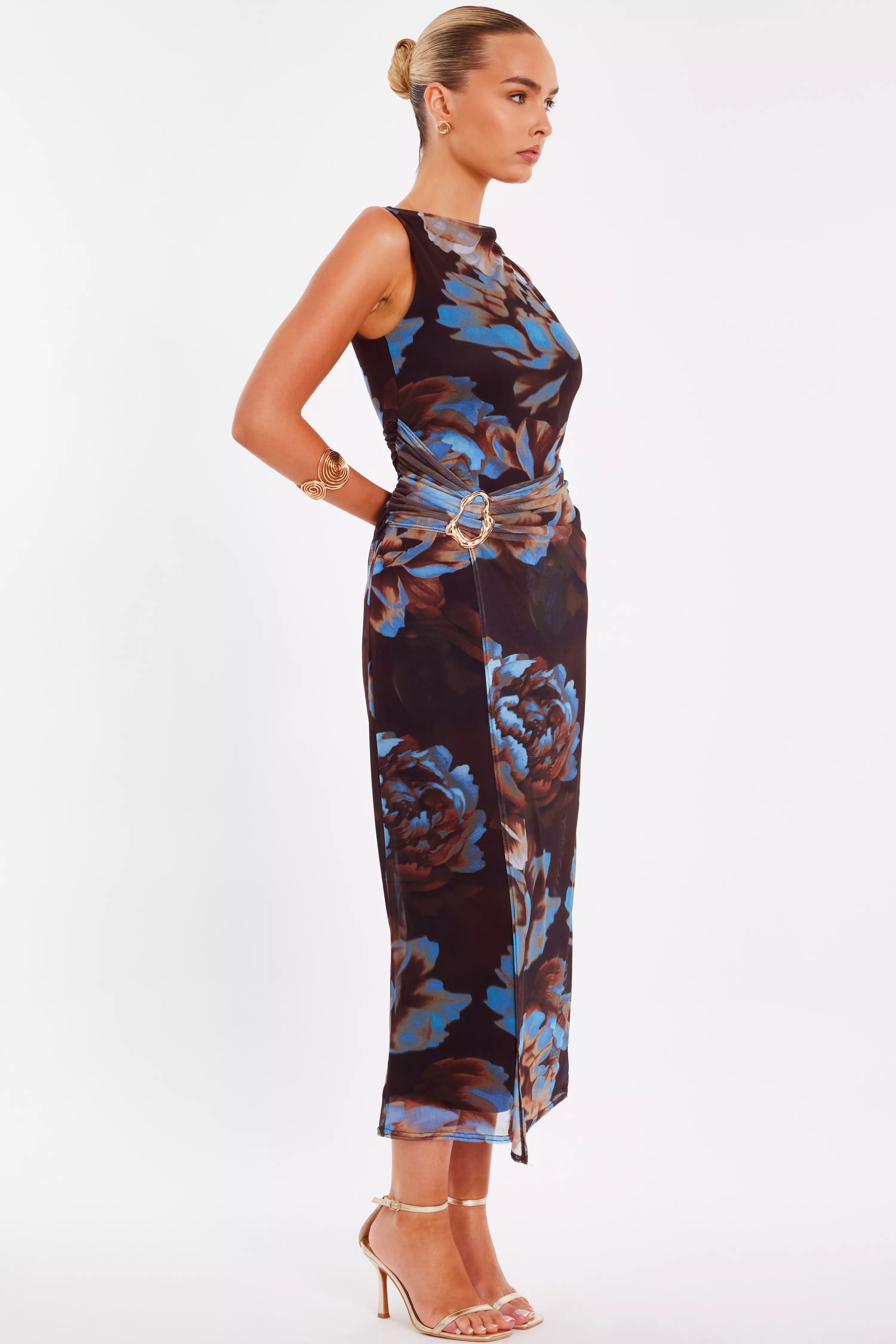 Brown Mesh Floral Midaxi Dress
